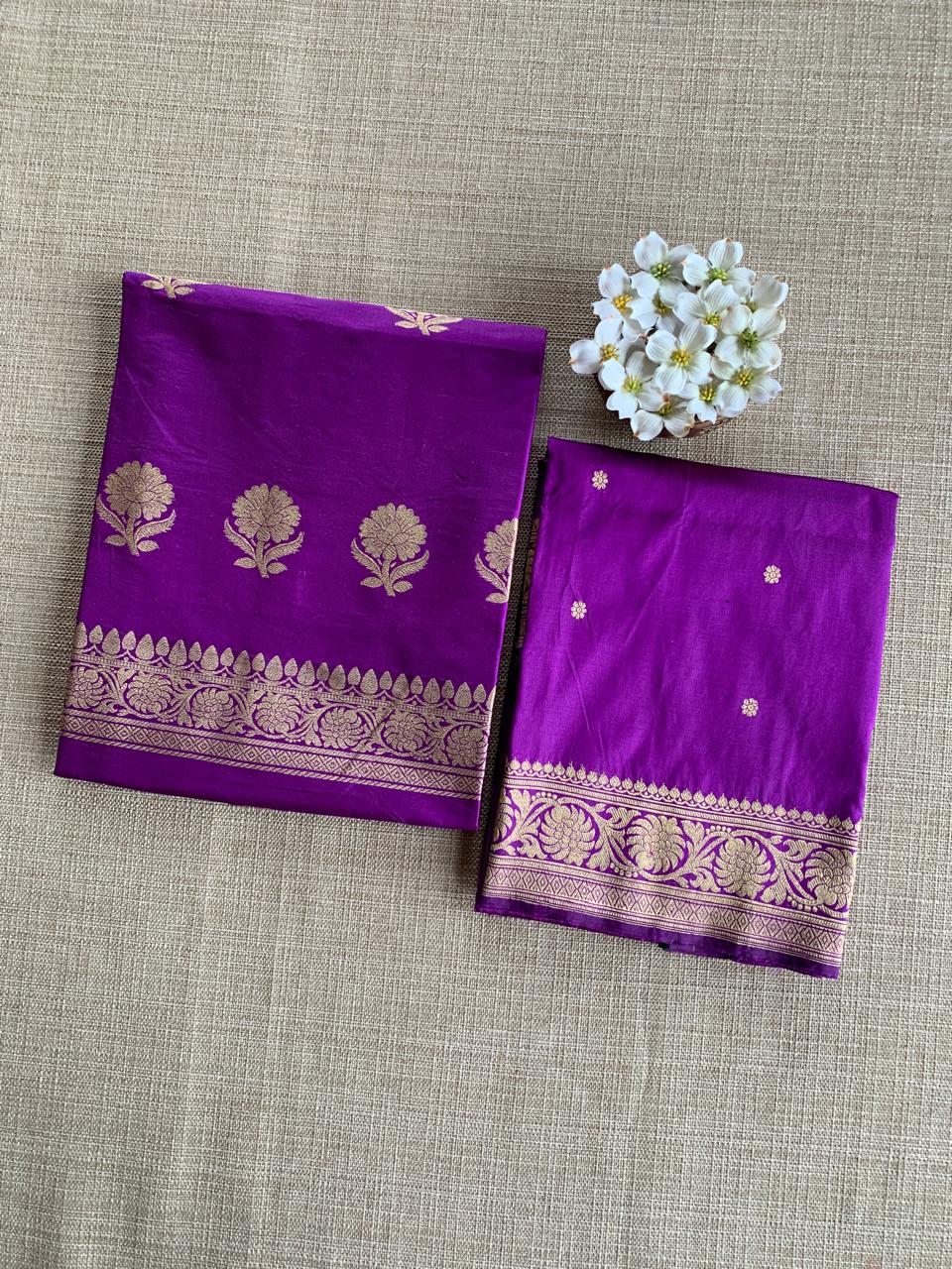 Purple Pute Handloom Katan Silk  3 pc Suit Set with  kaduwa weaving