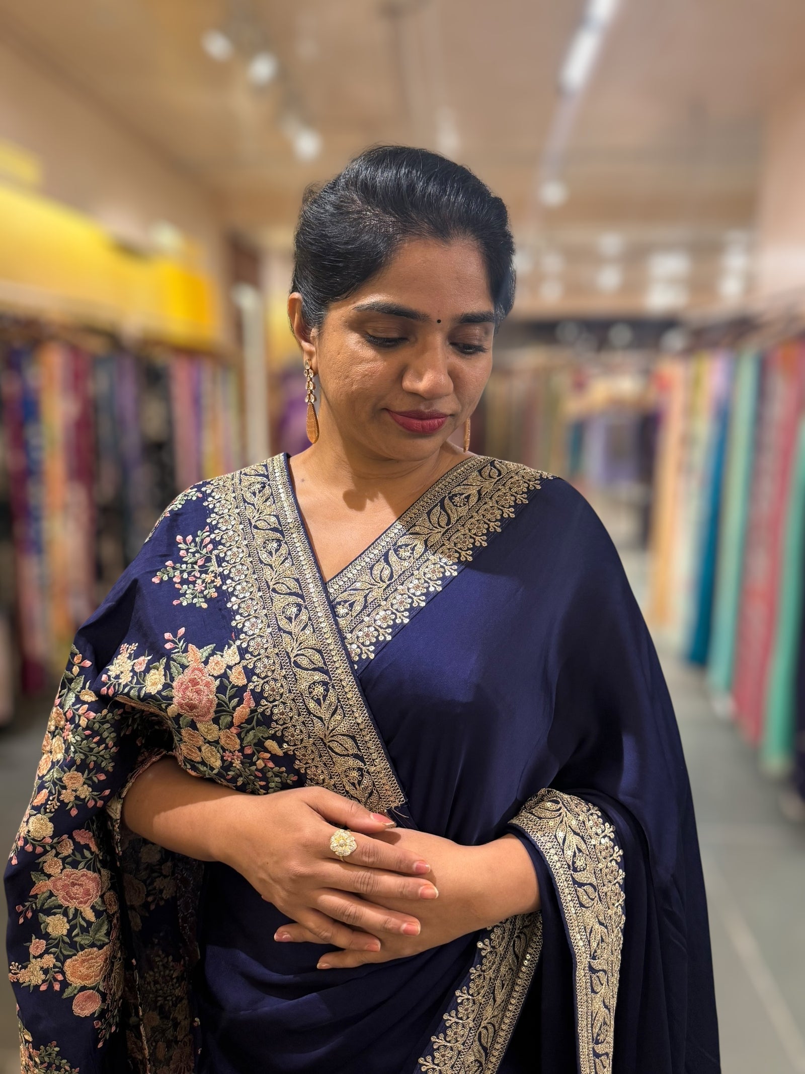 Midnight Blue Pure Satin Silk Saree With Sabhya Borders & Allover Emb Blouse