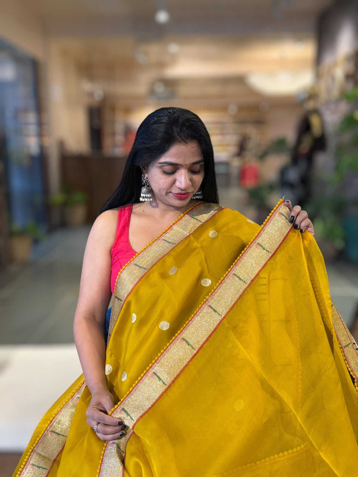 Mustard Pure Organza Saree With Pythani Embroidered Border