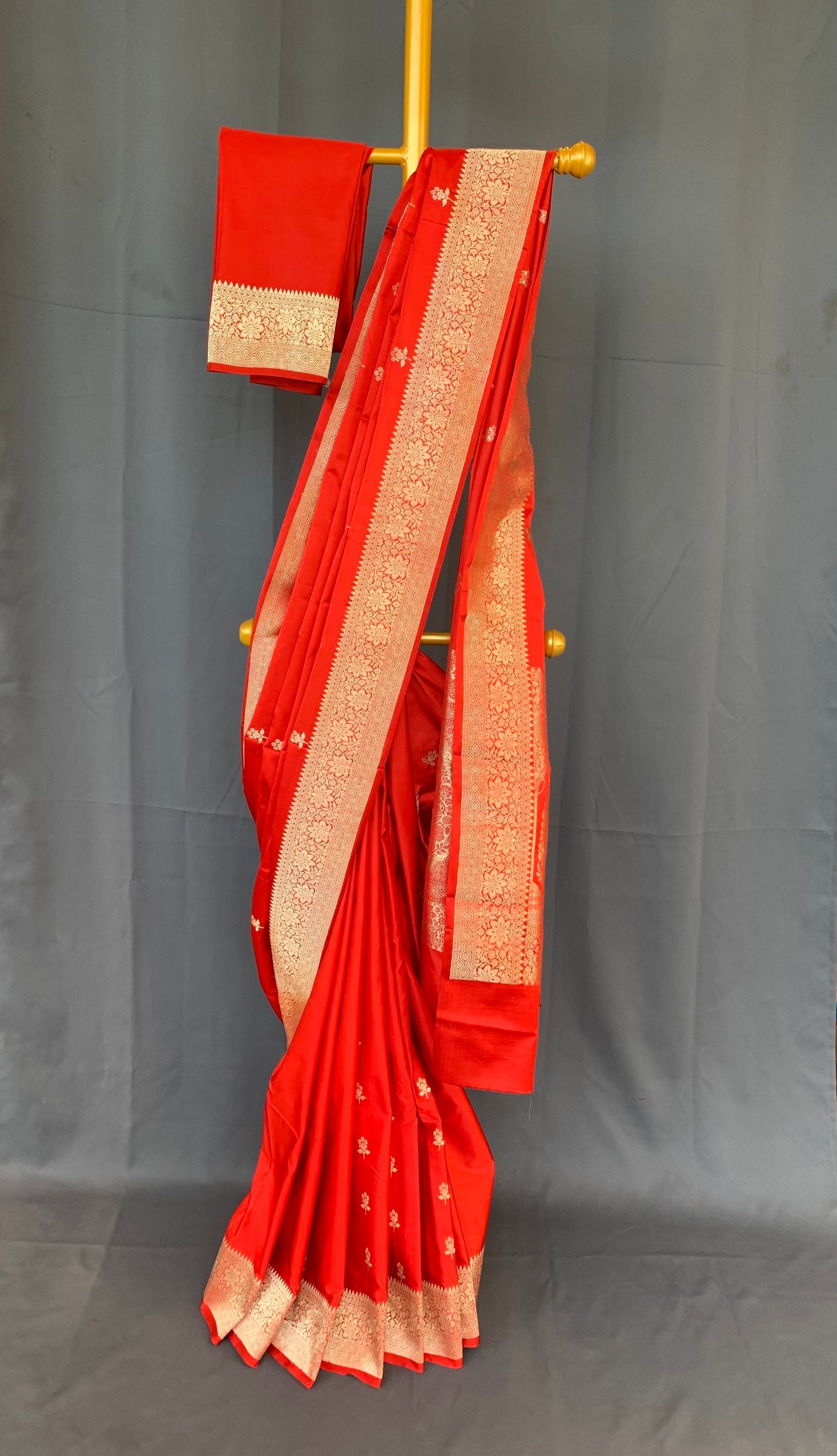 Orangish Red Pure Banarasi Handloom Mashru Silk Saree