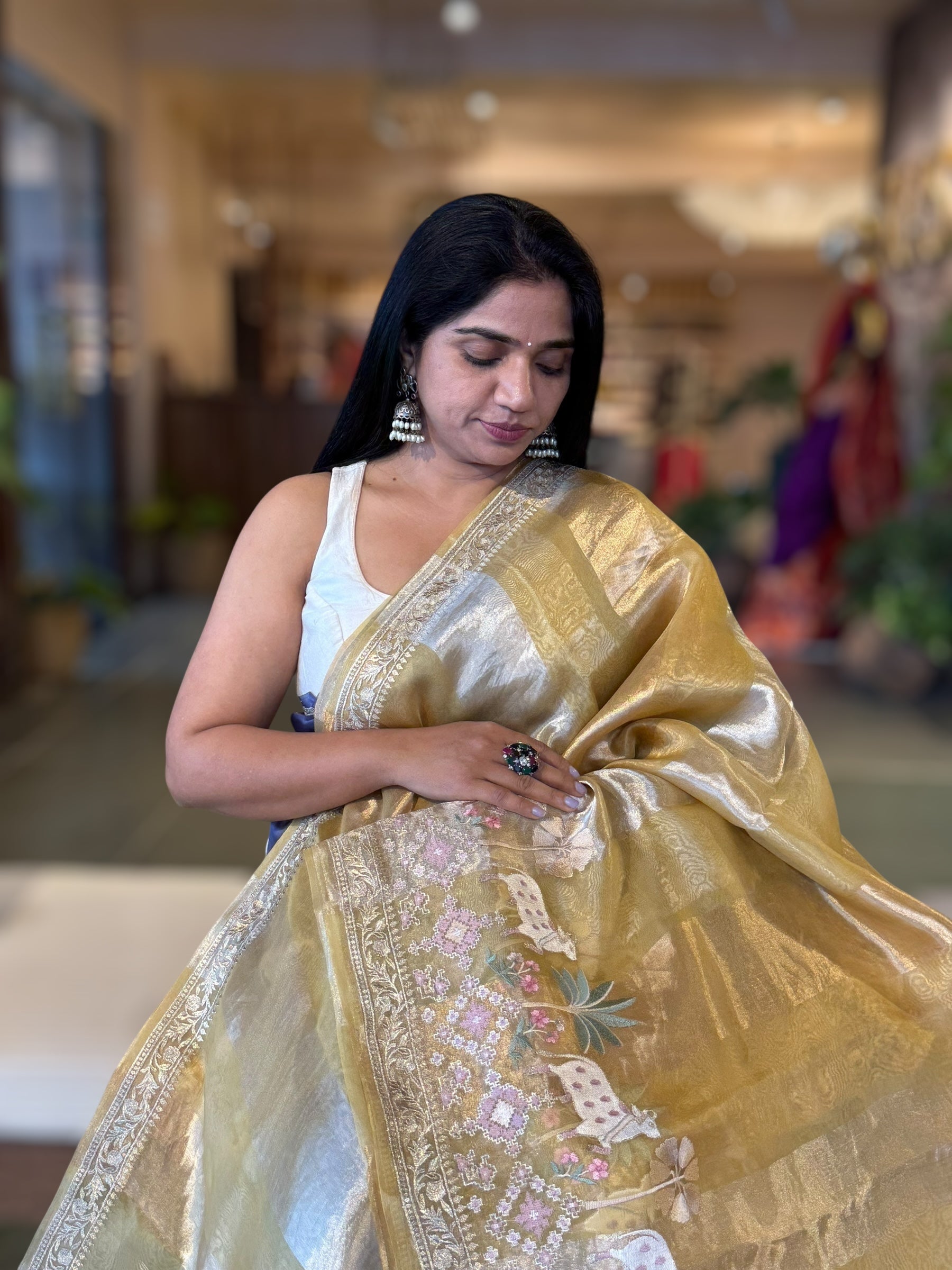 Yellowish GreenTissue Stripes Saree With Jamdani  & Pichwai embroidered Border