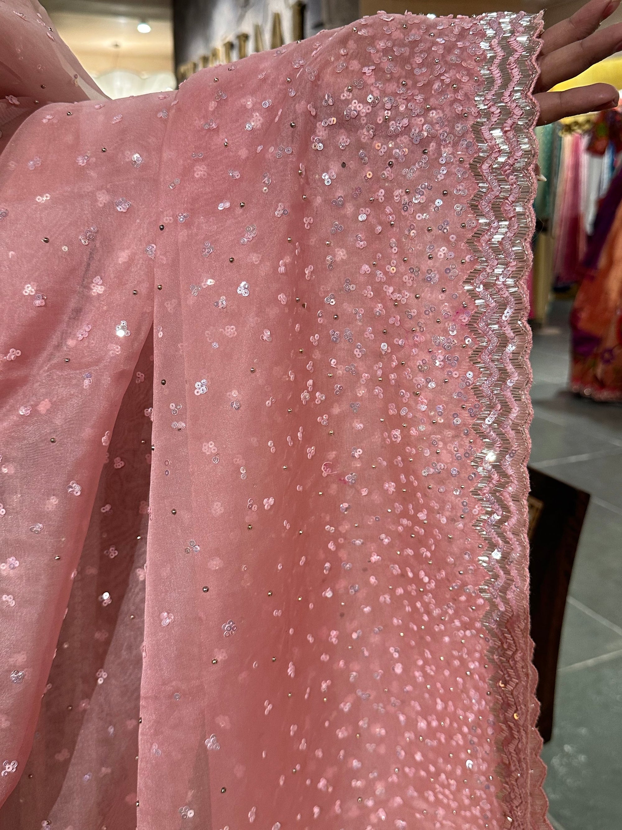Blush Pink Organza Handwork Saree with stitched blouse