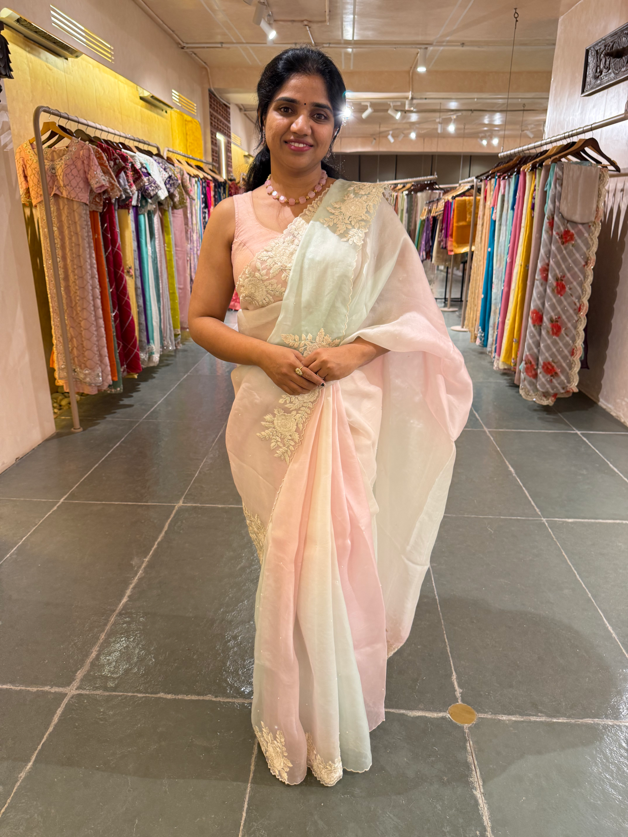 Ombre Dyed Pure Organza Silk Saree with Embroidered Borders