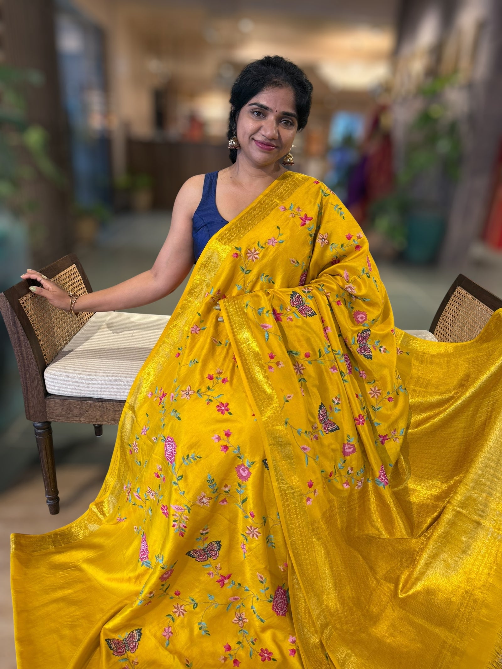 Yellow Kanchi soft Silk Saree With Allover Petite Point Embroidery