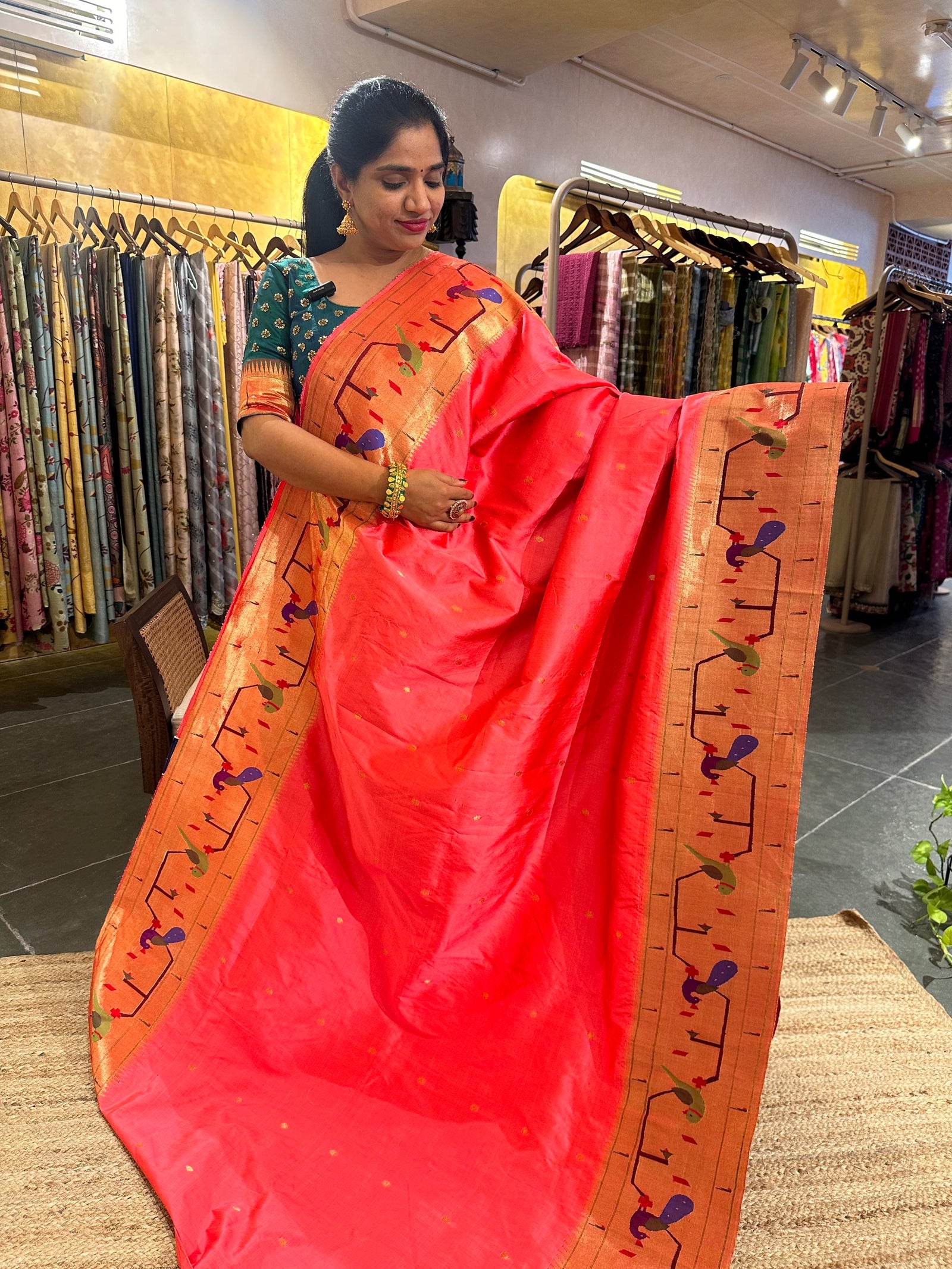 Carrot Color pure handloom paithani with parrot peacock border