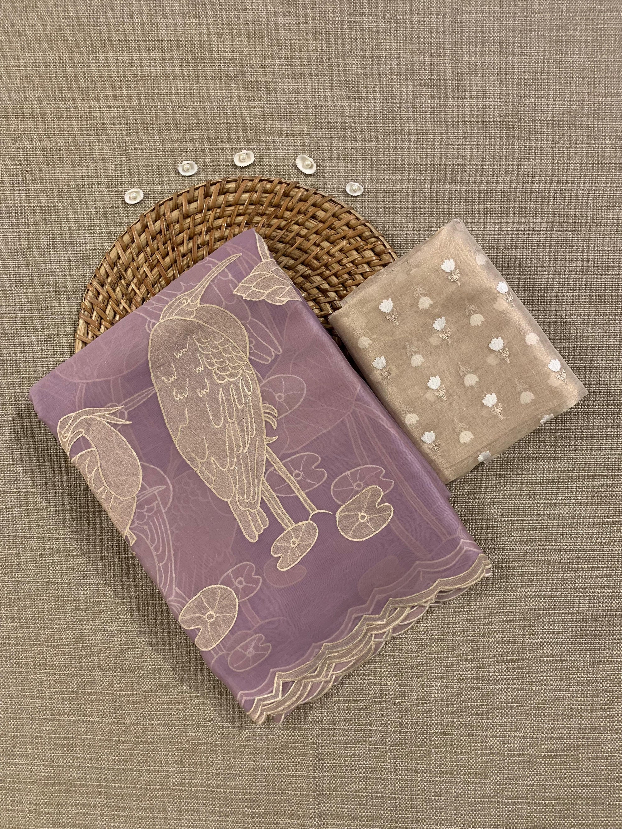 Lilac Pure Organza Designer Saree with Allover Tissue Applique Embroidery