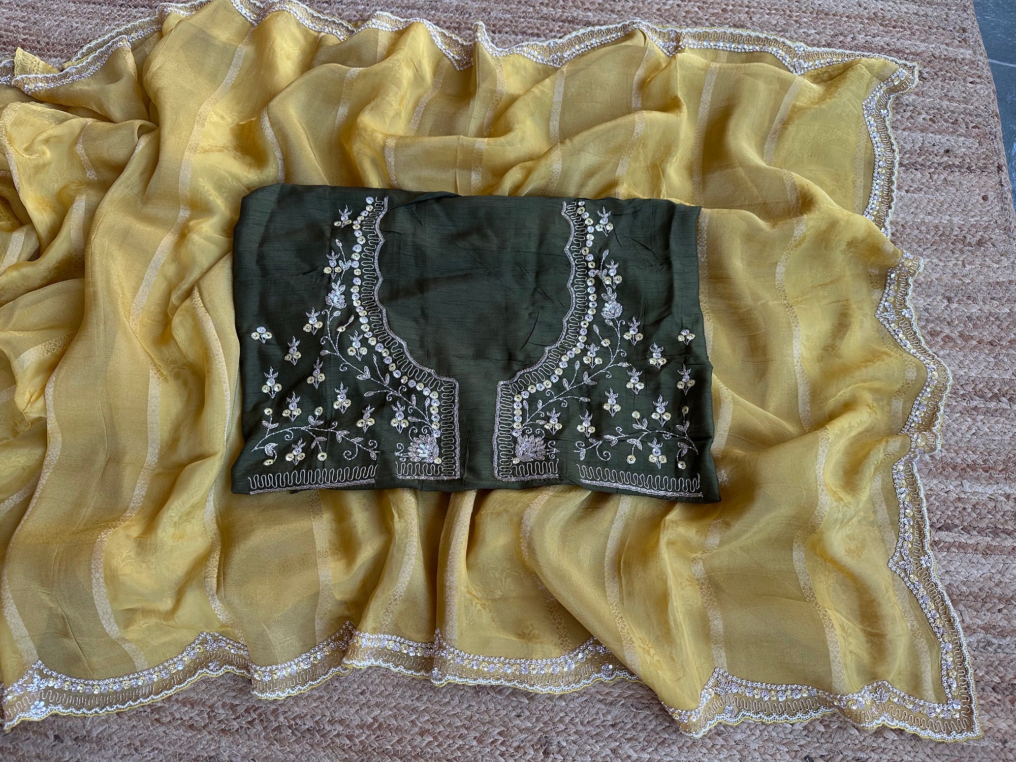 Yellow Tissue and kora brasso Saree with Scalloped handwork borders & blouse