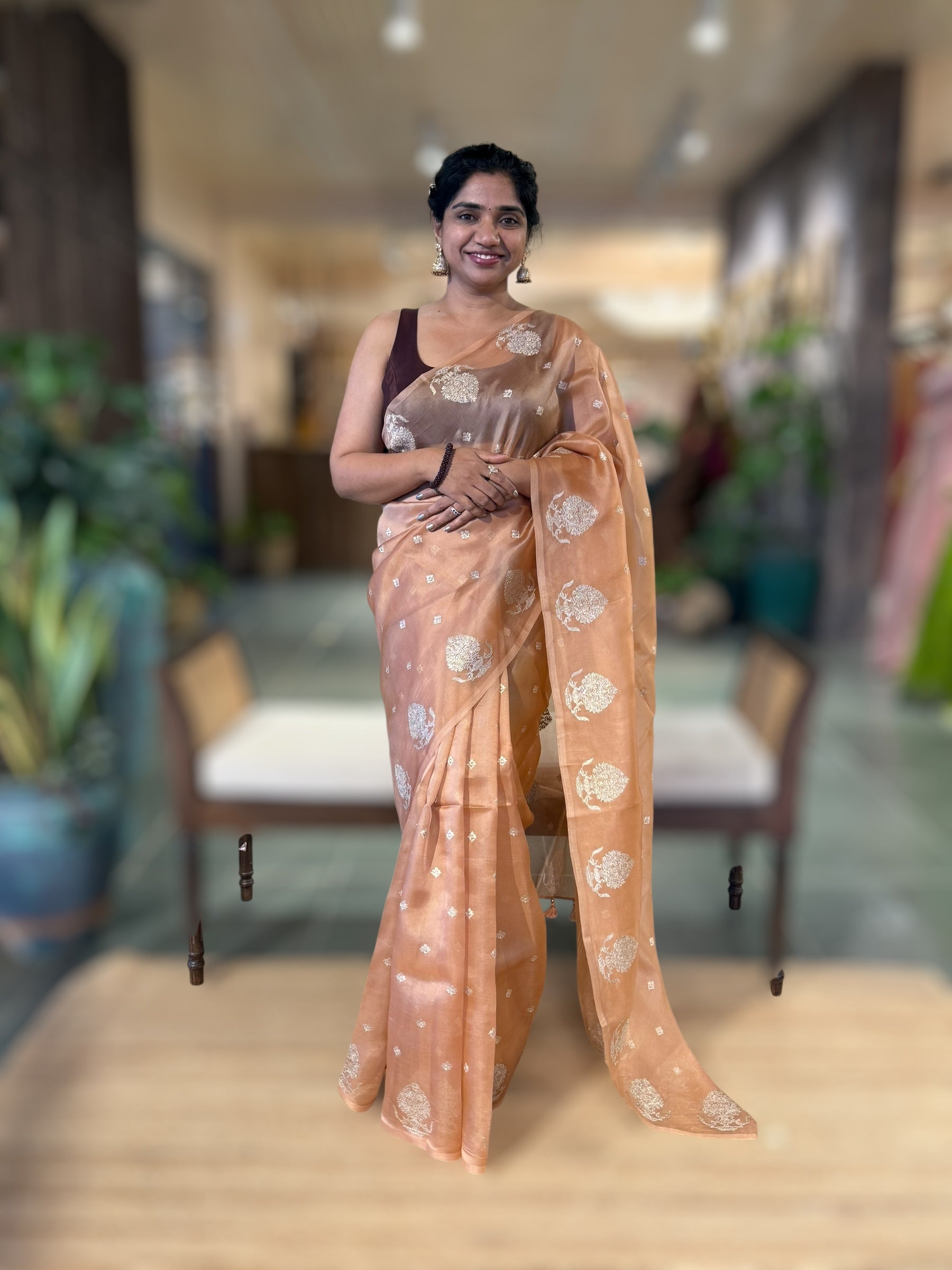 Peach Organza Saree With Embroidered Motif Border & Tussar Printed Blouse