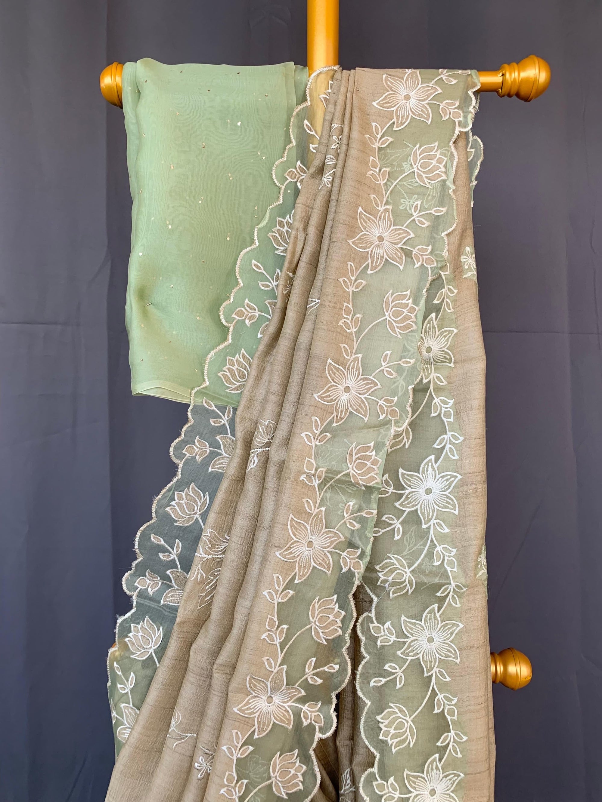Pure handloom Tussar Designer Saree with Organza Applique Cutwork Border