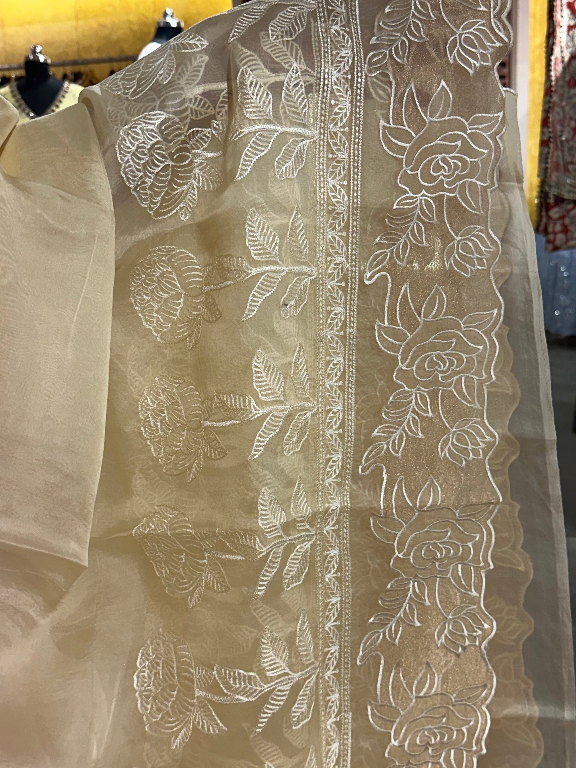 Pastel Yellow Pure Organza heavy  cutwork embroidered border saree