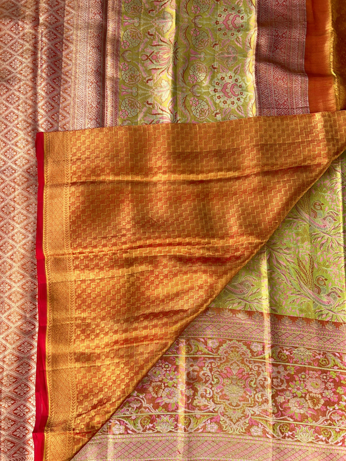 Lime Green & Red Combo Pure Kanjeevaram Meenakari Saree