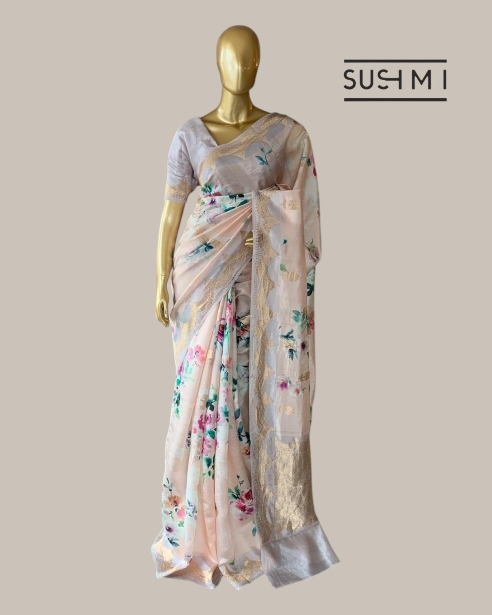 Banarasi Soft Silk Printed Saree With Scalloped Woven Zari Border