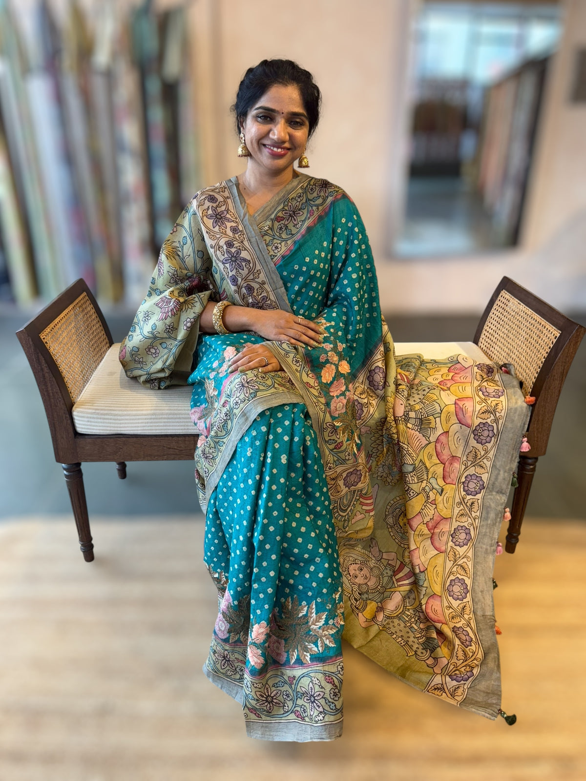 Teal Tussar Bandhini Saree With Pen kalamkari Border & Petite Point Emb Blouse