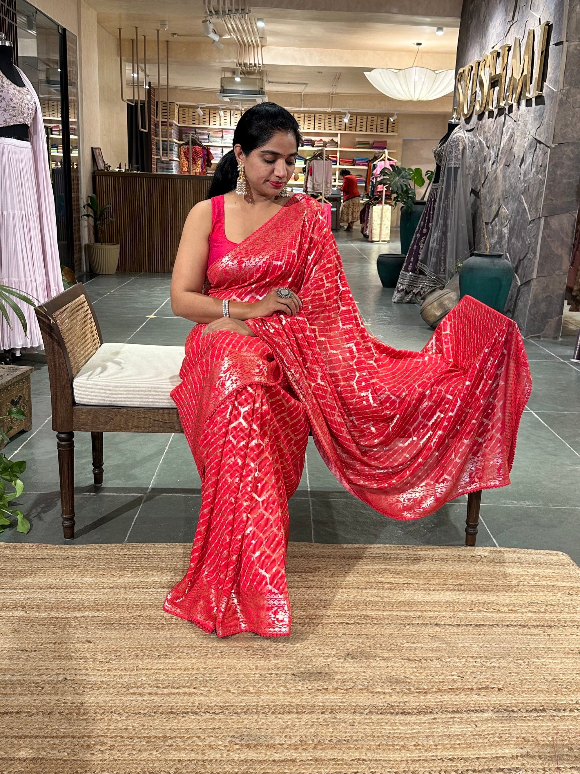 Pinkish Red Pure Gorgette Lehariya Bandhini Sequnce Saree