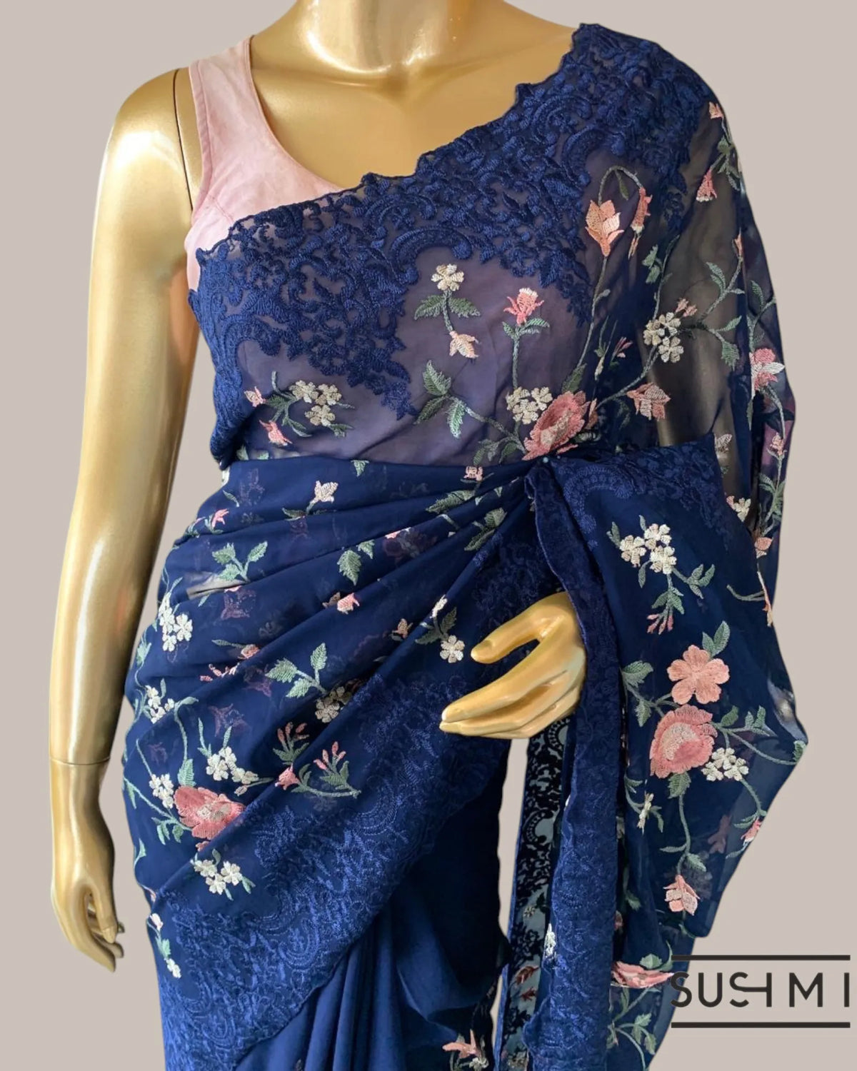 Midnight Blue Pure Gorgette Saree With Petite Point Style Allover Embroidery   O