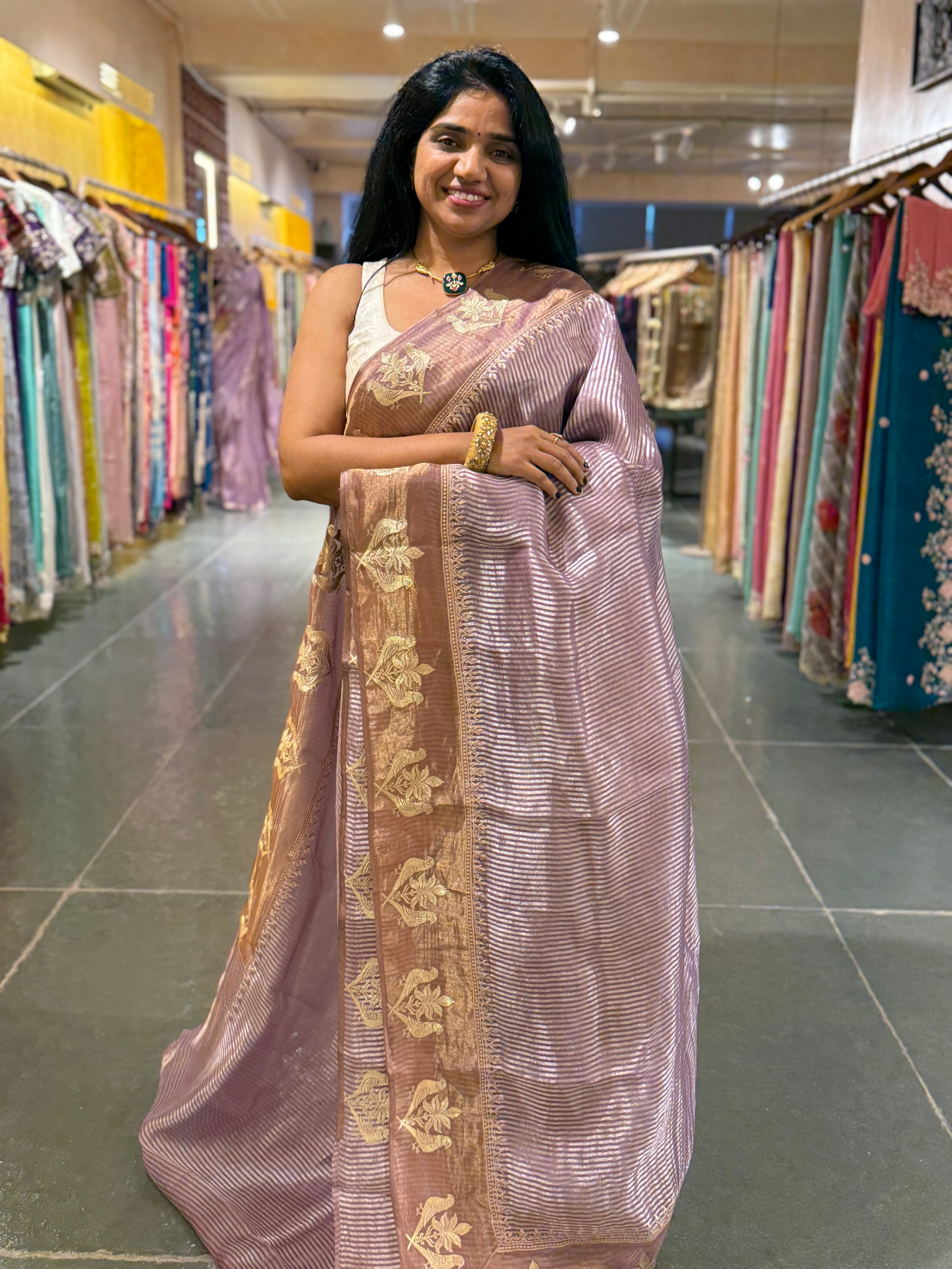Mauve Kora Tissue Silver Zari stripes saree wth tissue Embroidered Border