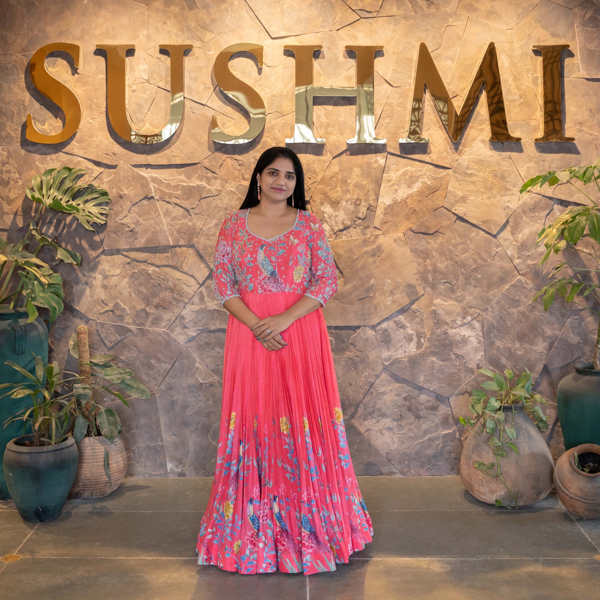 Tomato Red color Pure Chinnon printed long frock with heavy handwork yoke