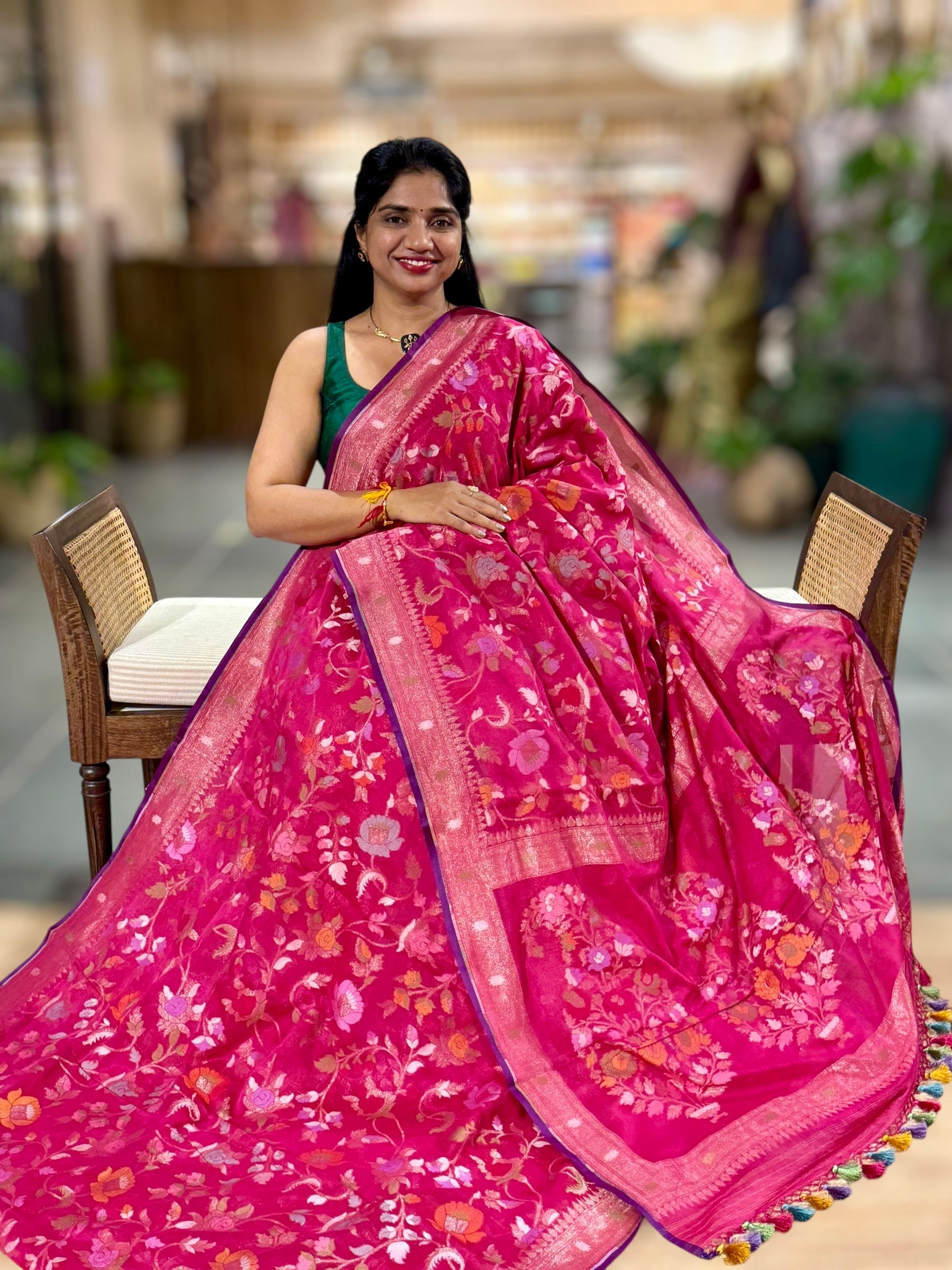 Pink Banarasi Handloom Cotton Cut Jamdani Saree With Allover Meenakari
