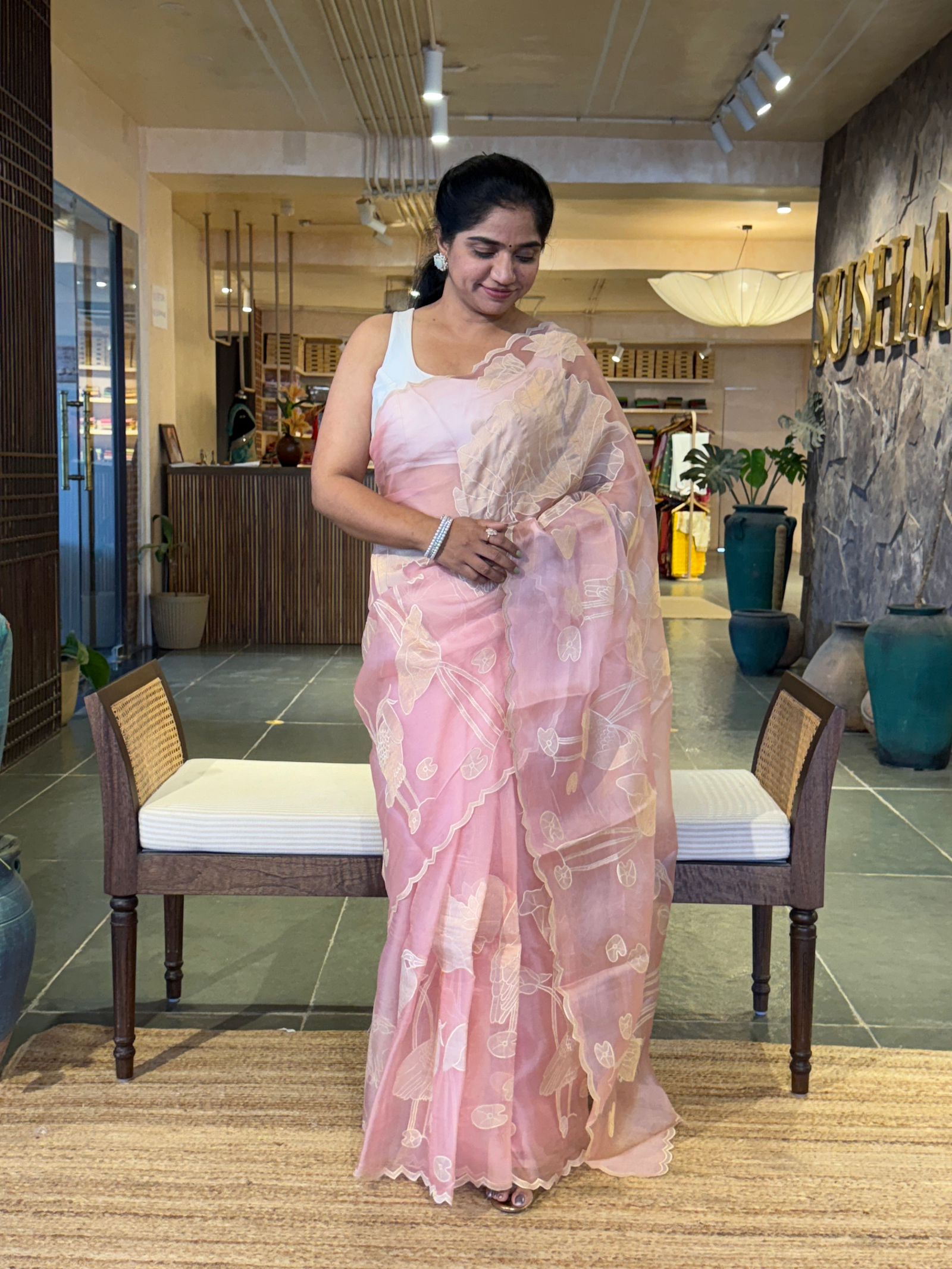Blush Pink Pure Organza Designer Saree with Allover Tissue Applique Embroidery
