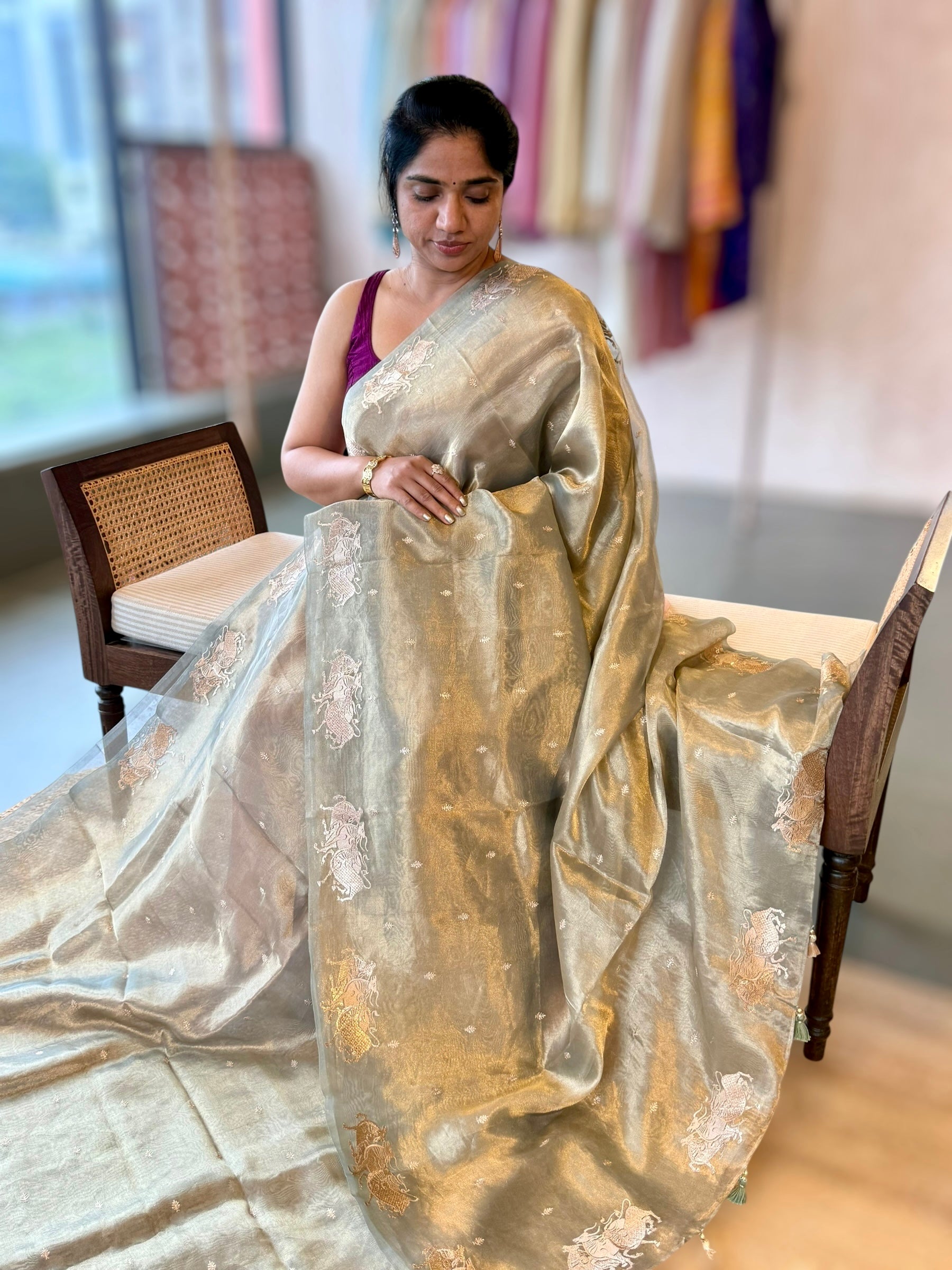 SageGreen Handloom Tissue Saree wth Nandi Embroidered Border & Stripes Tissue BP
