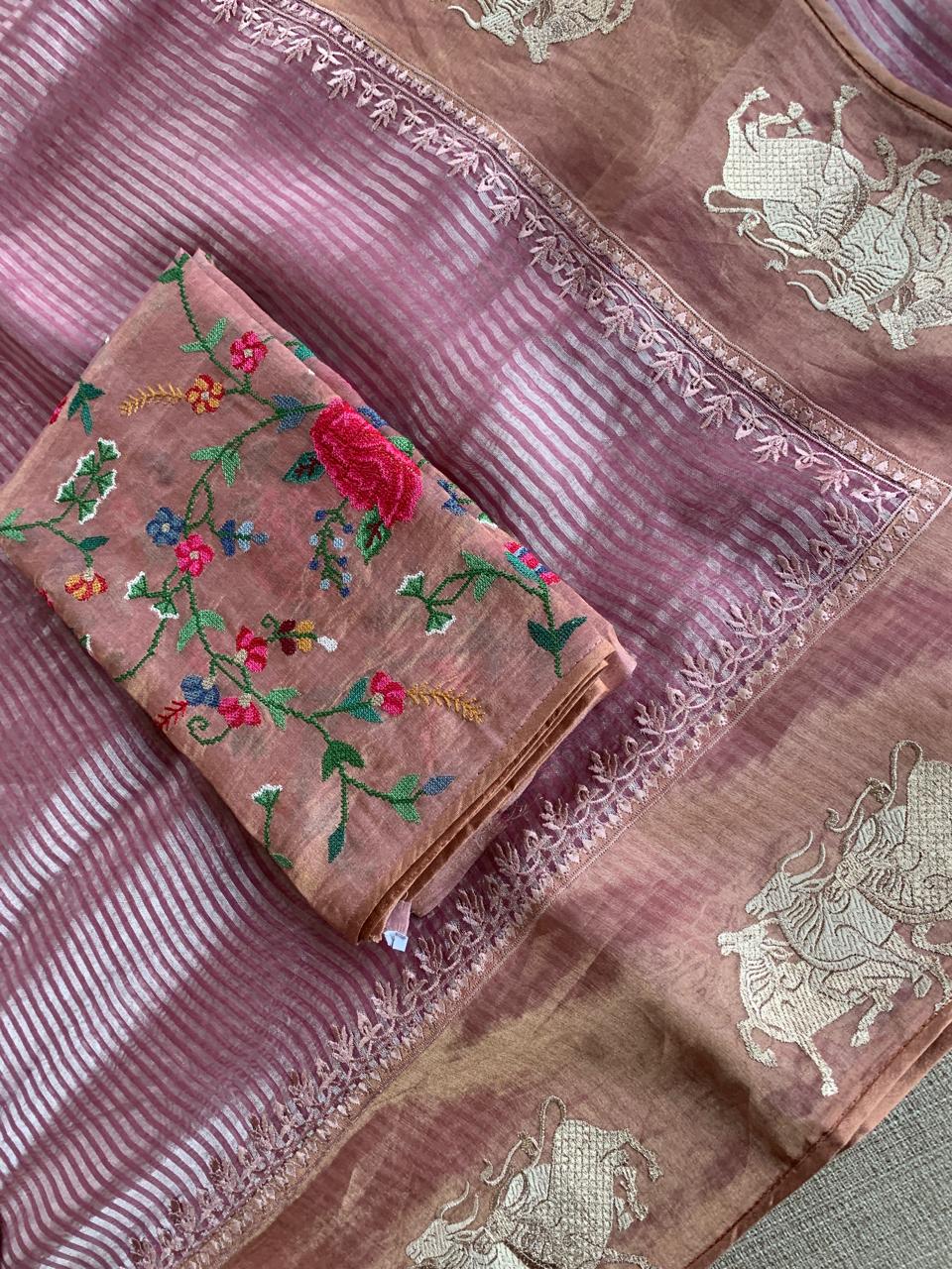 Onion Pink Tissue Stripes Saree with Nandi Border & Tissue Petite Point Blouse