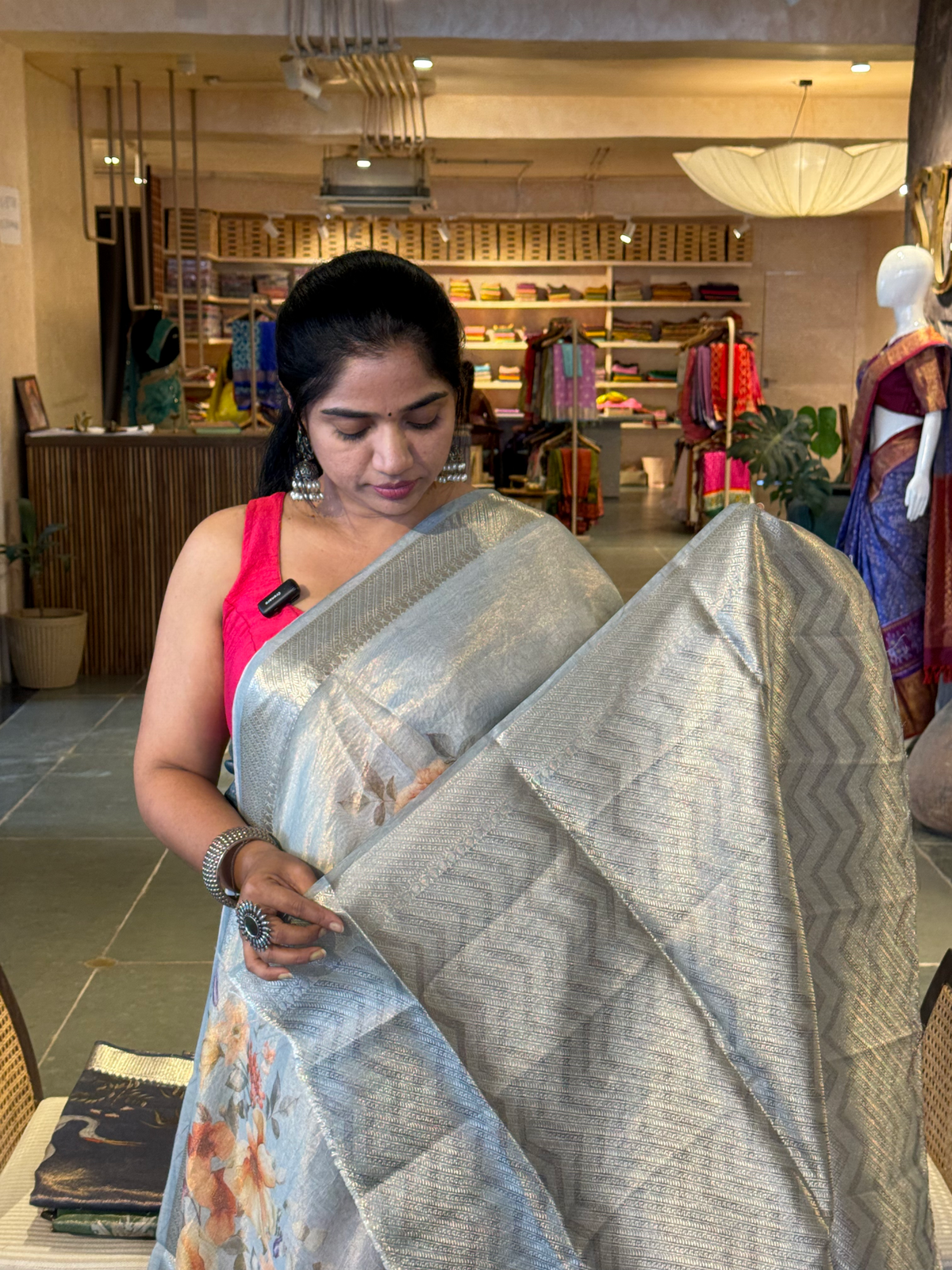 Brown Banarasi Floral Printed Cotton Saree with brocade pallu and blouse
