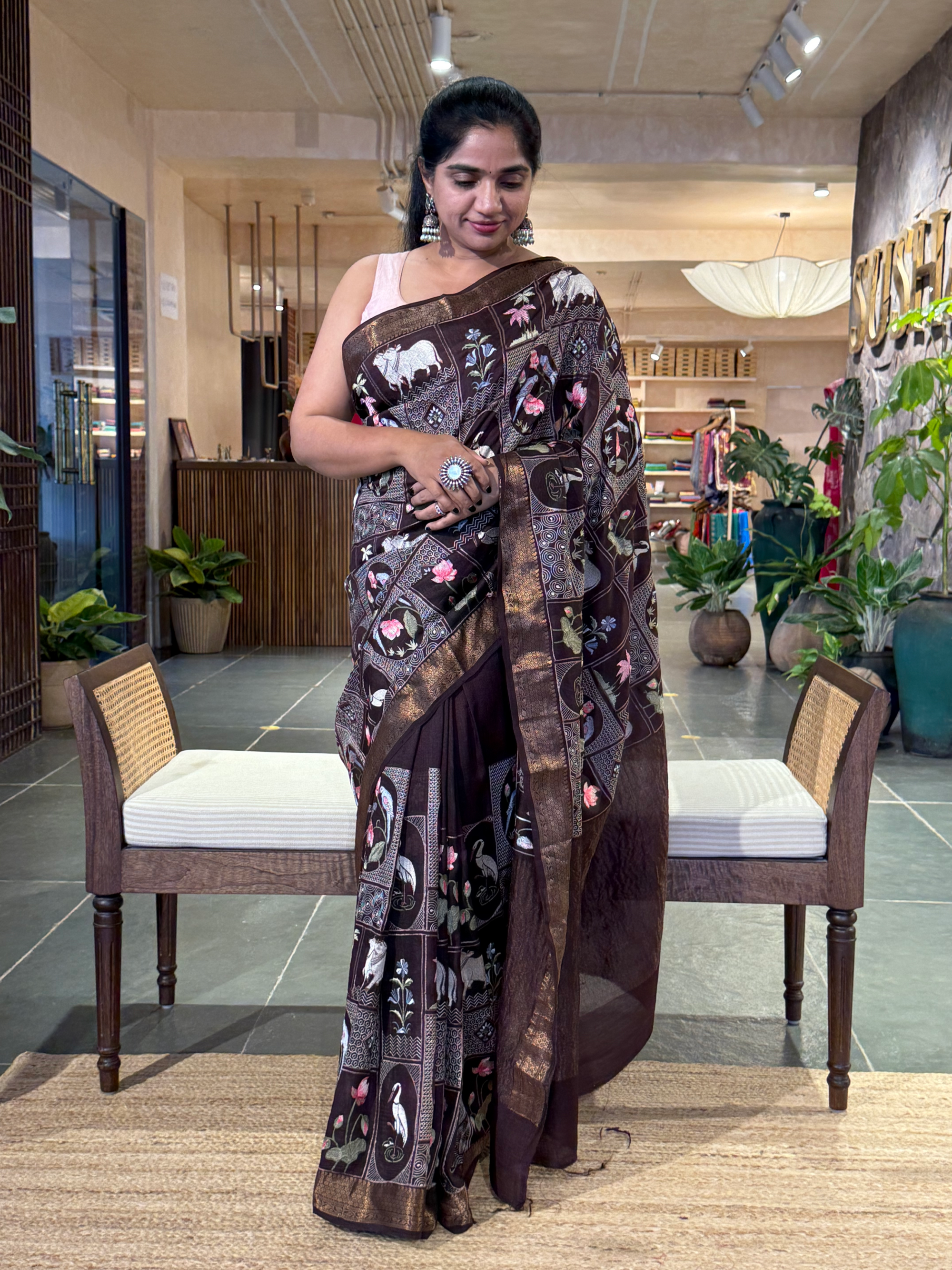 SMSEA106 :  Coffee Brown Pure Handloom Munga Silk Saree with Pichwai Embroidery