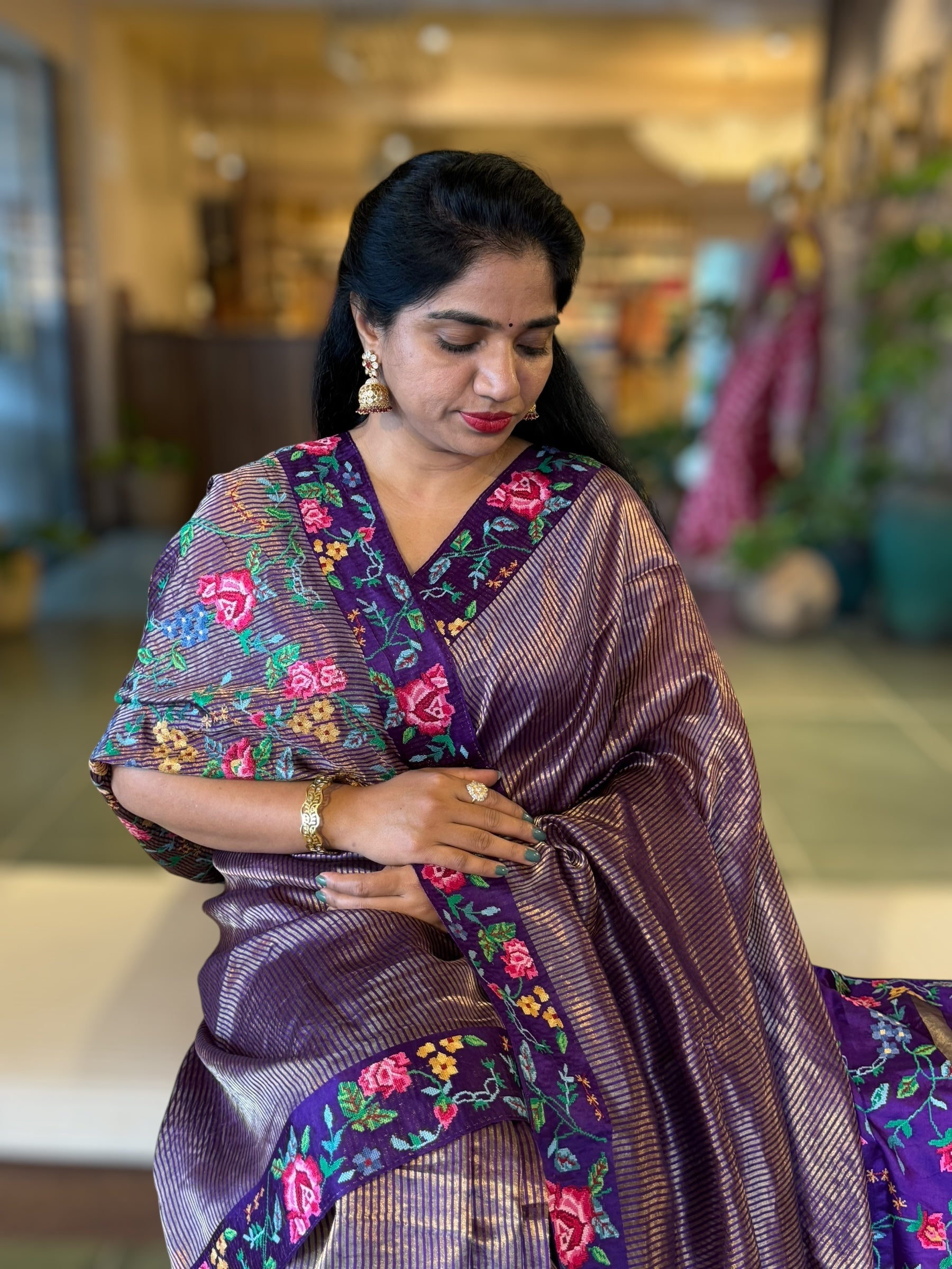 Violet Tissue Stripes Saree With  Petite Point Embroidered Border Pallu and BP