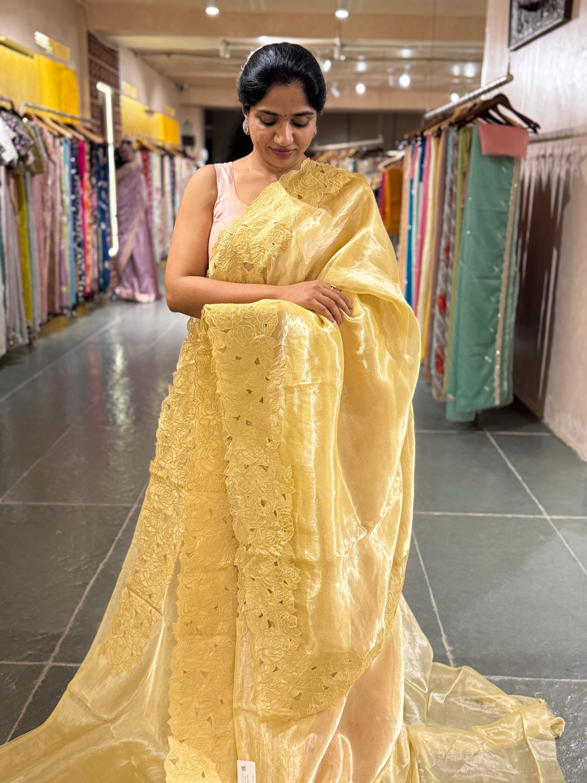 Pastel Yellow Pure Handloom Tissue Saree With Rose Cutwork Borders