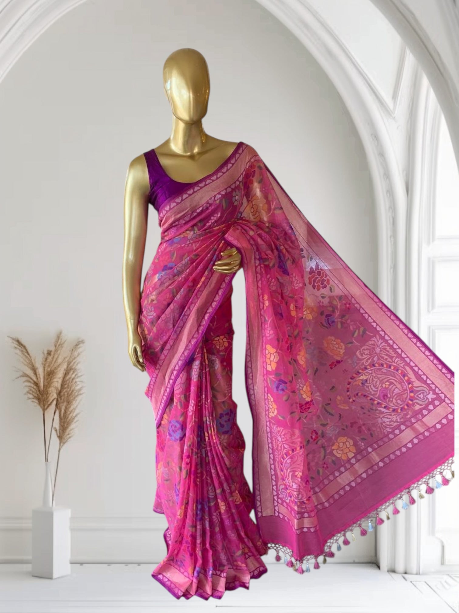 Pink Real Zari Jamdani Saree