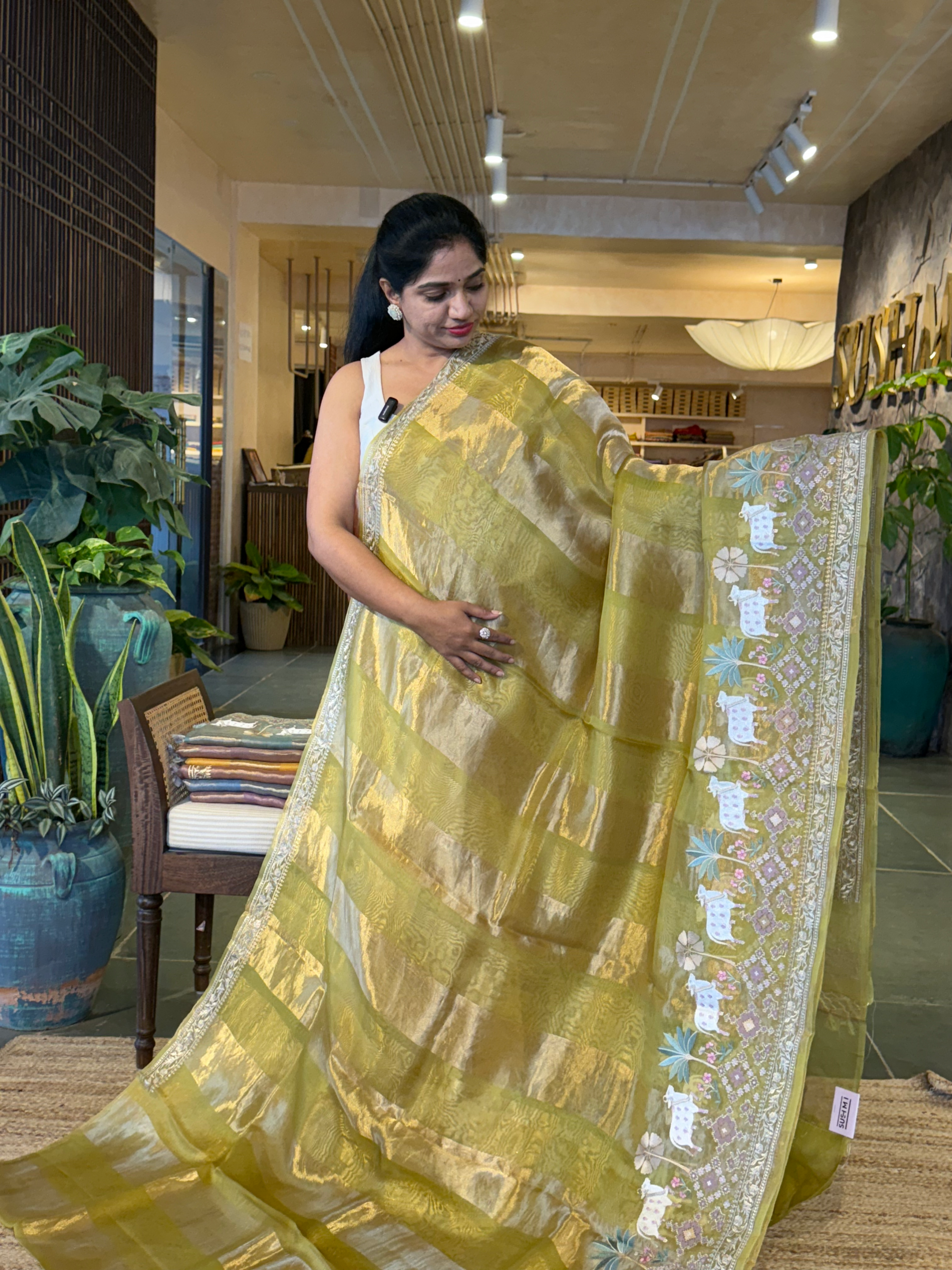 Moong Dal Green Kora Tissue Stripes with Pichwai & Jamdani Inspired Embroidery