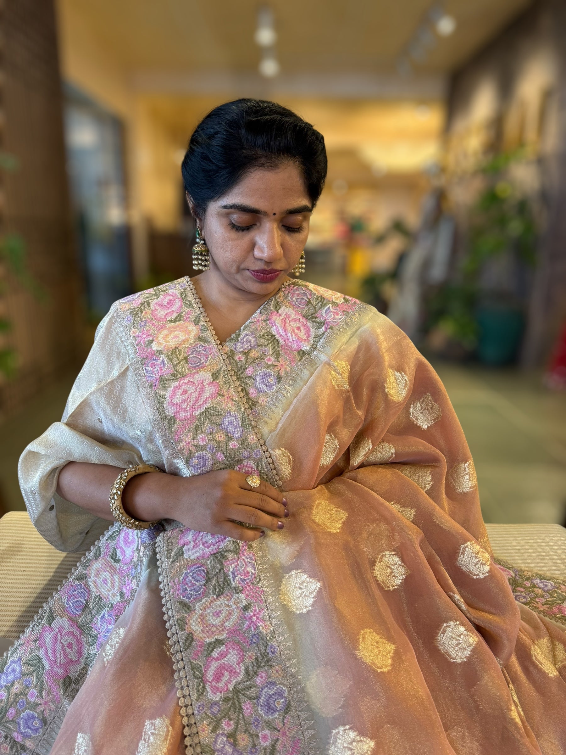 Peachish Brown Banarasi Tissue Gorgette Saree Wth Petite Point Border