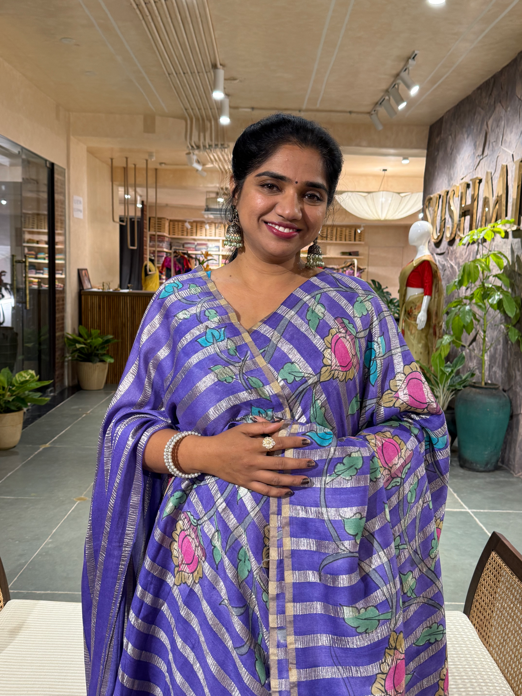 SMTKM172 Pure Handloom Munga Silk Wth Tissue Stripes & Penkalamkari Handpainting