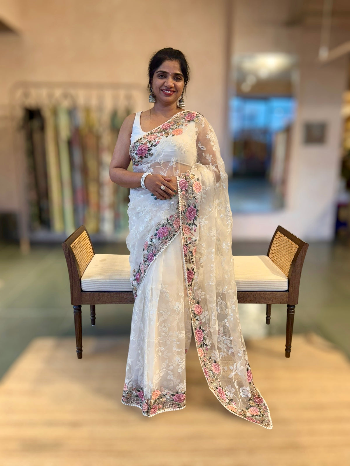 Ivory Organza Saree with Allover Floral Sequence Work & Parsi Embroidered Border