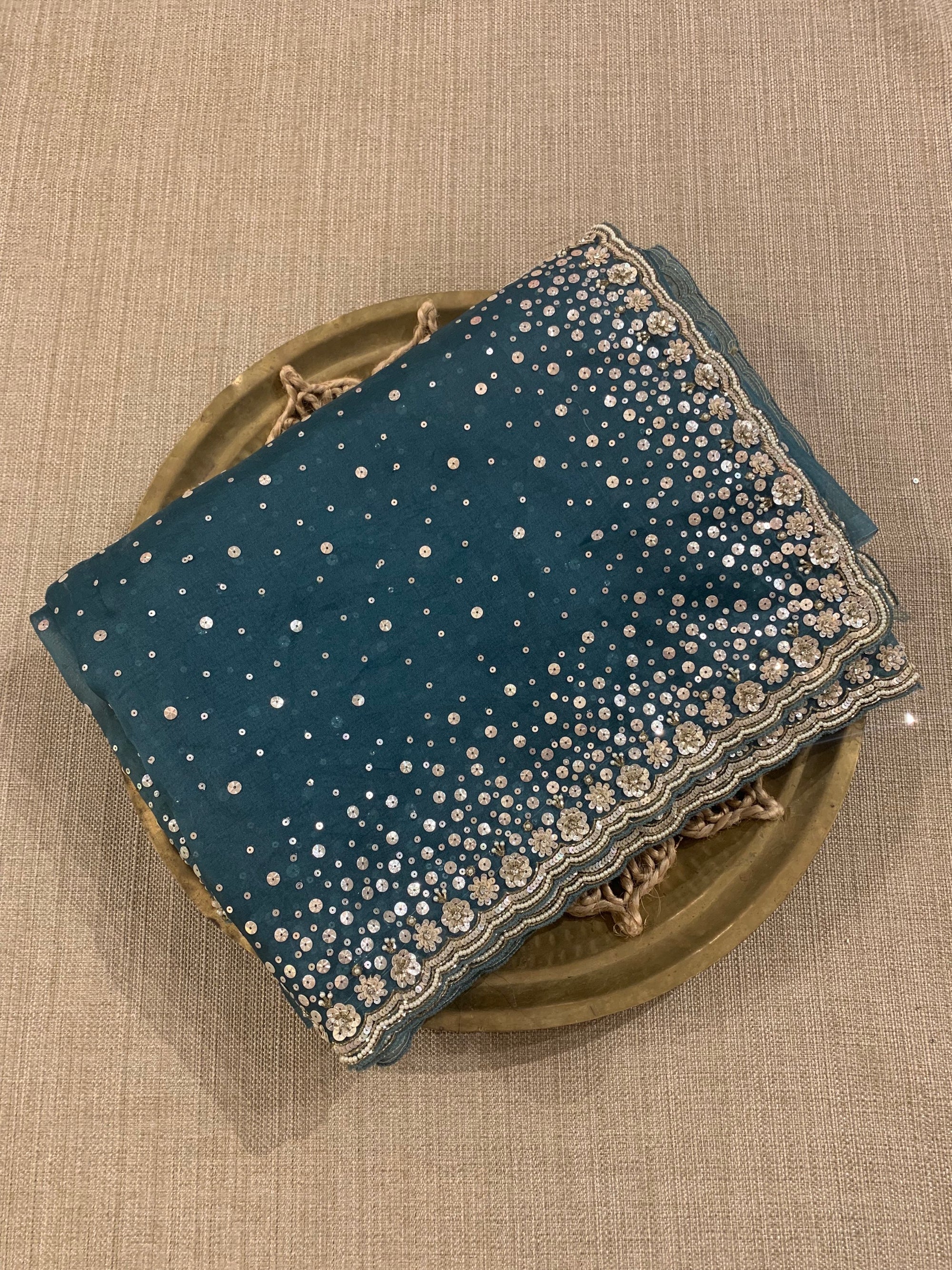 Peacock BlueOrganza Saree with heavy handwork