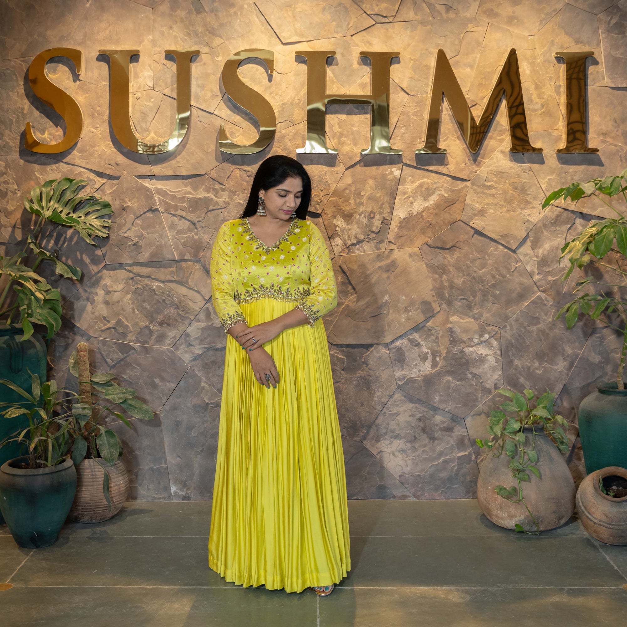 Pure Modal Satin long frock with Bandhini silk handwork yoke