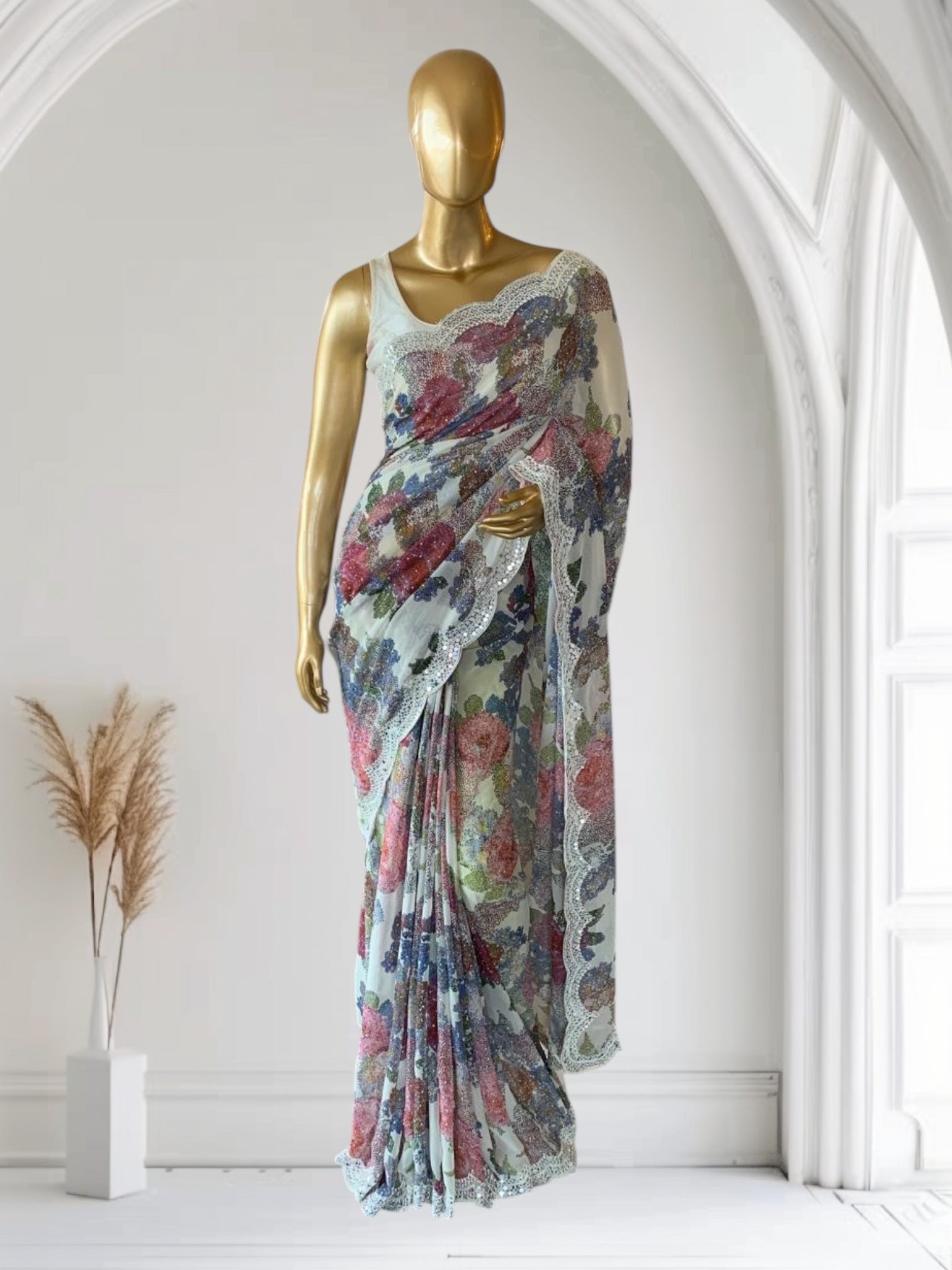 Ivory Gorgette Print with handwork mirrorwork borders