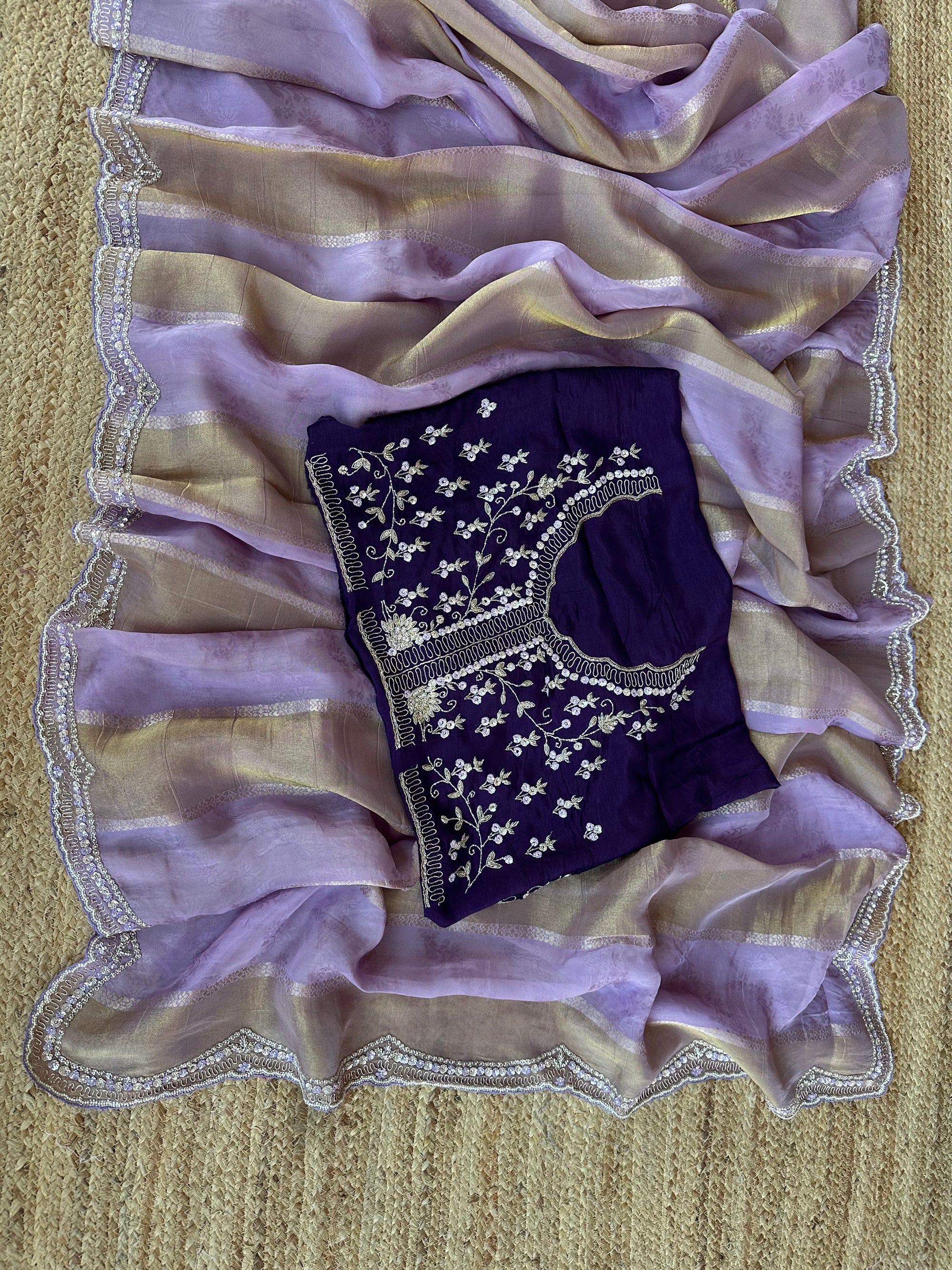 Lilac Tissue and kora brasso Saree with Scalloped handwork borders & blouse