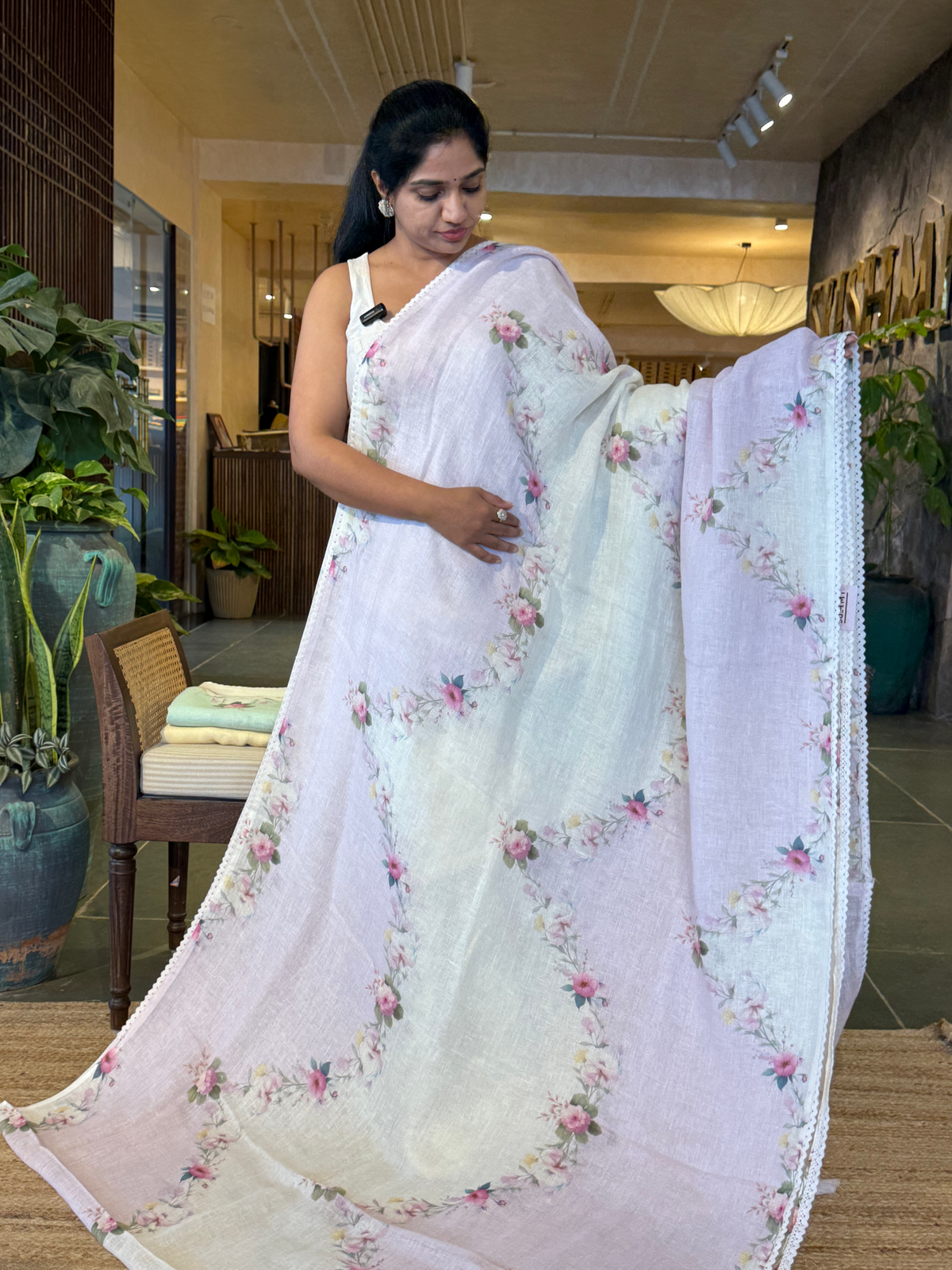 Lilac Pure Handloom Linen Printed Saree in Lehariya Style