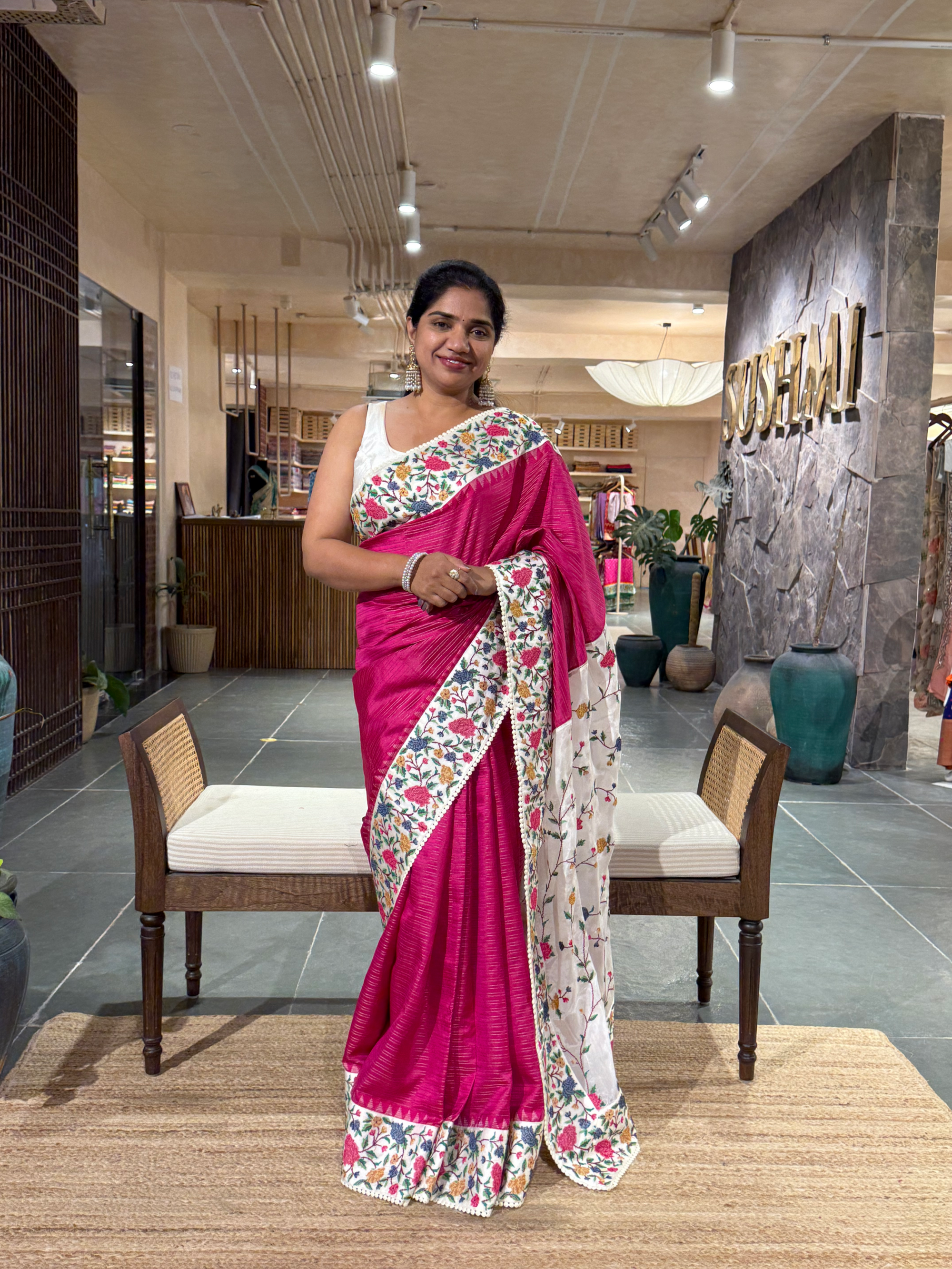 Dark Pink Soft Silk Saree with Petite Point Embroidery