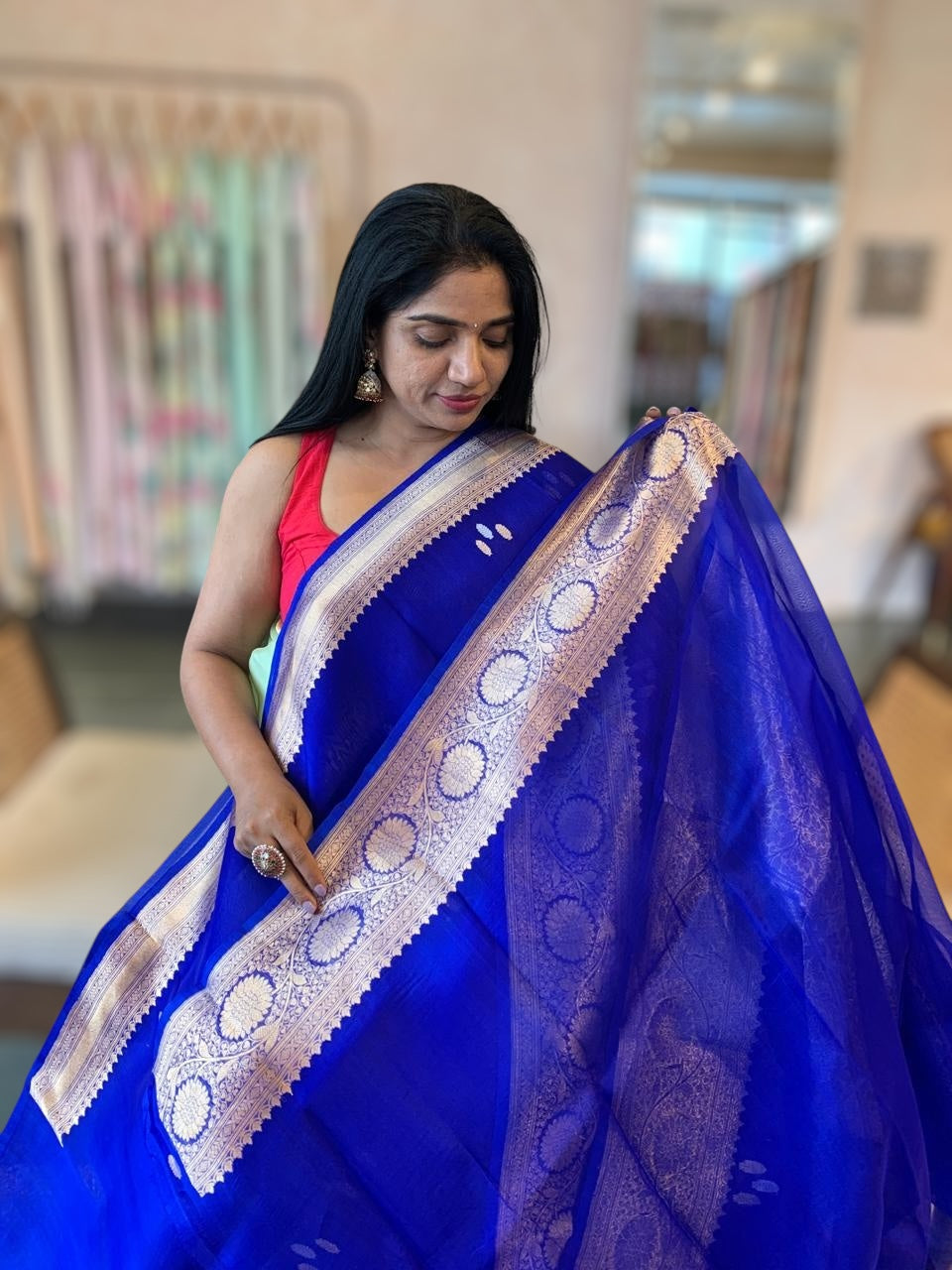 Royal Blue Pure Handloom Kora Banarasi Saree With Kaduwa Woven Motifs