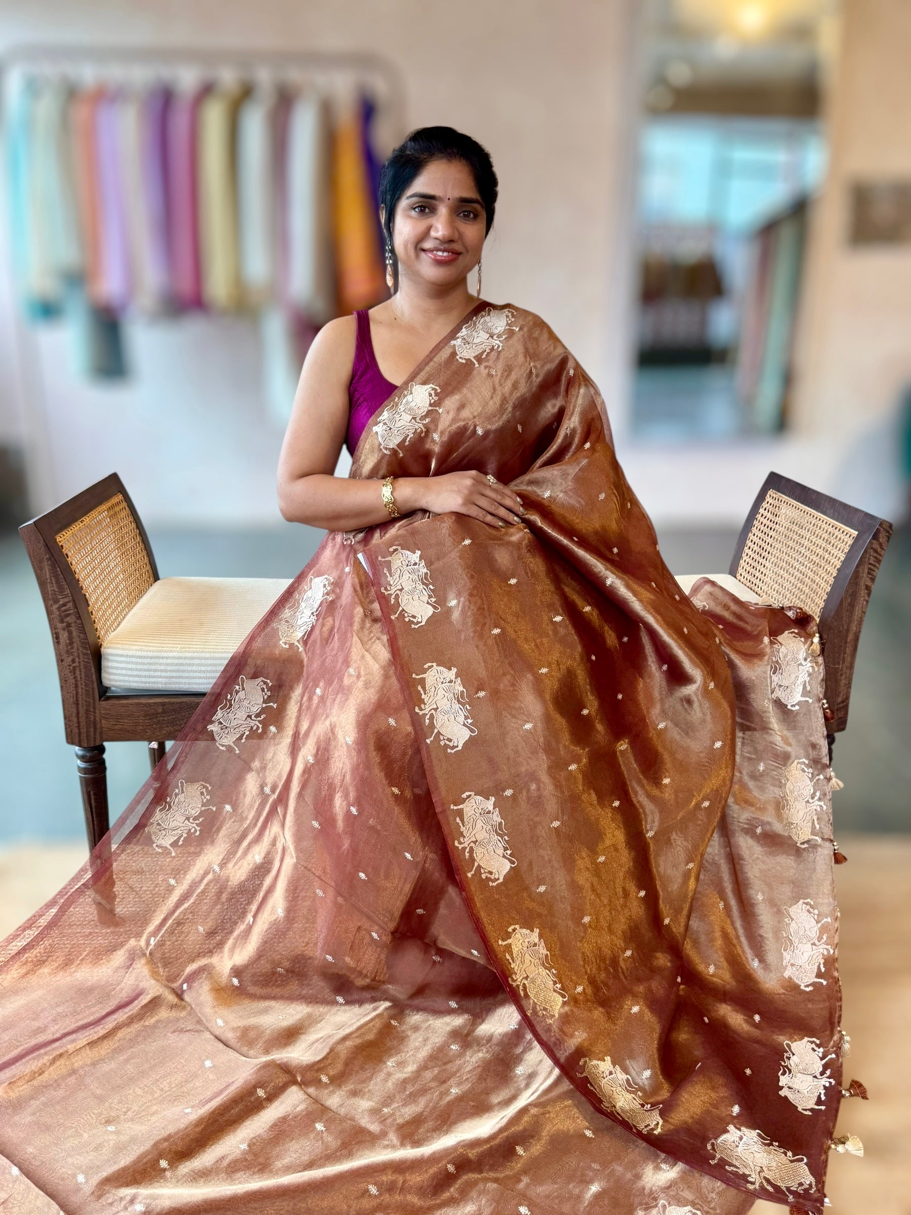 Honey Handloom Tissue Saree wth Nandi Embroidered Border & Stripes Tissue BP