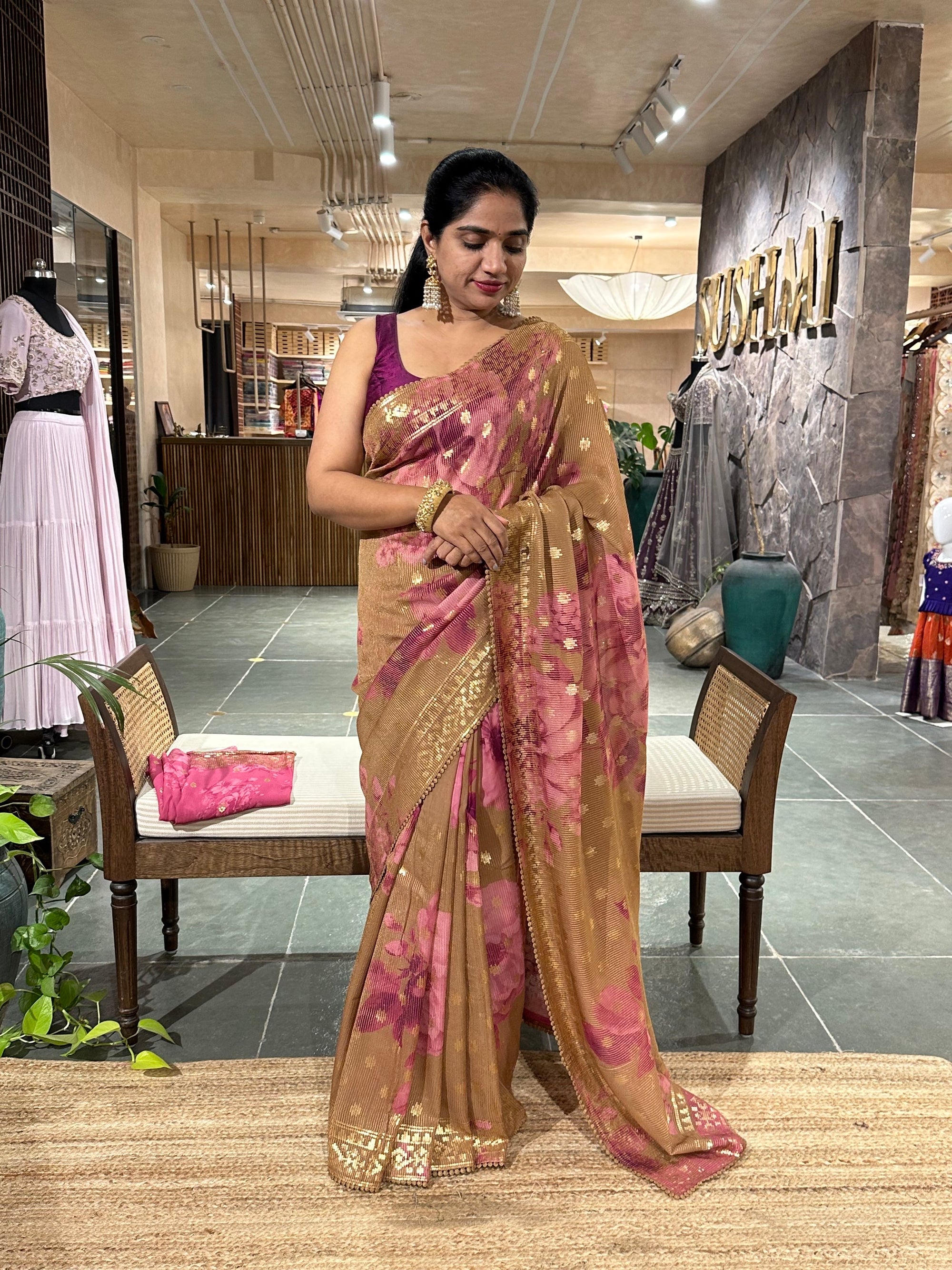 Floral Sequnce Saree In Sabhyasachi Style With Statement Floral Print