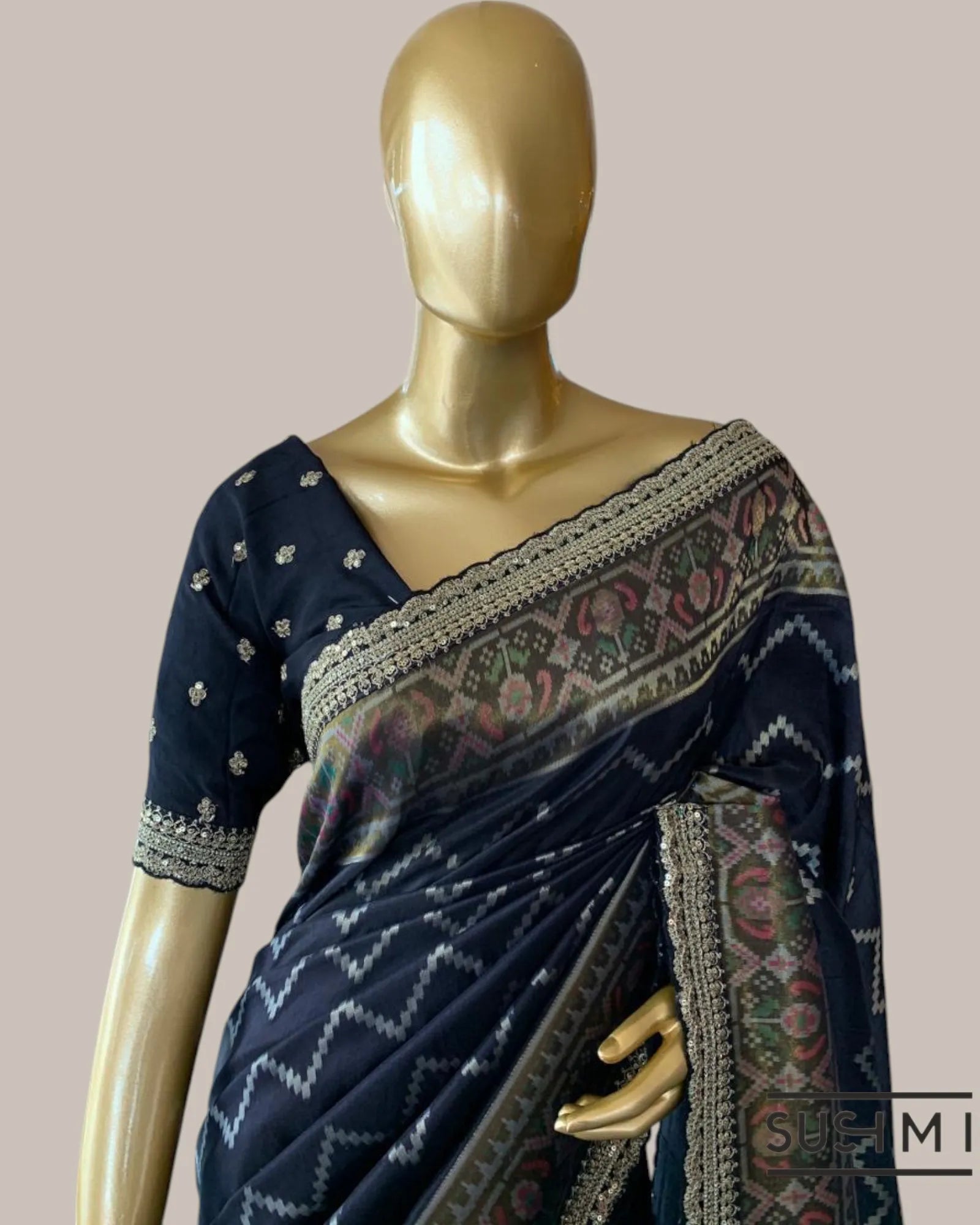 Black Falling Tussar Silk Gorgette Saree in Ikkath Patola style Chevron body and