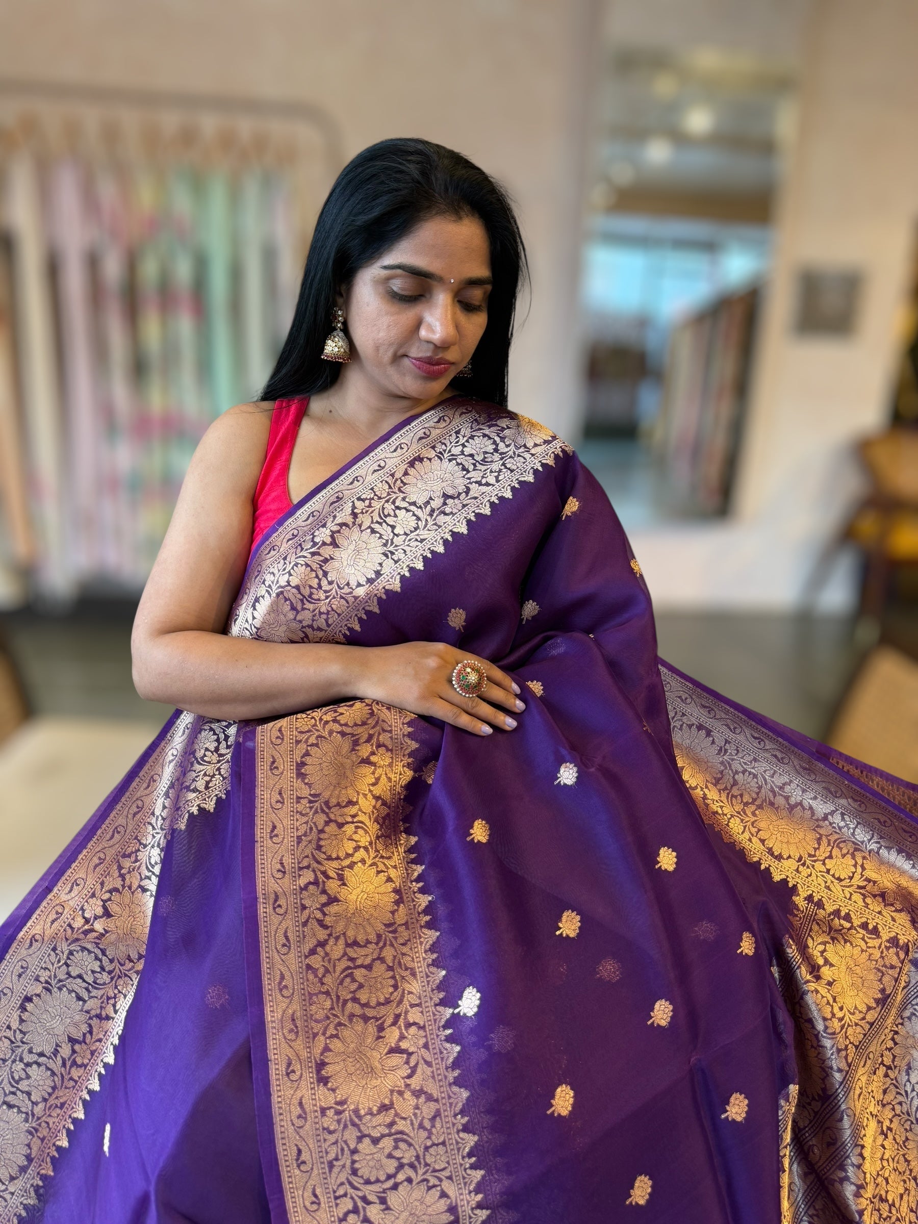 Violet Pure Handloom Kora Banarasi Saree With Kaduwa Woven Motifs