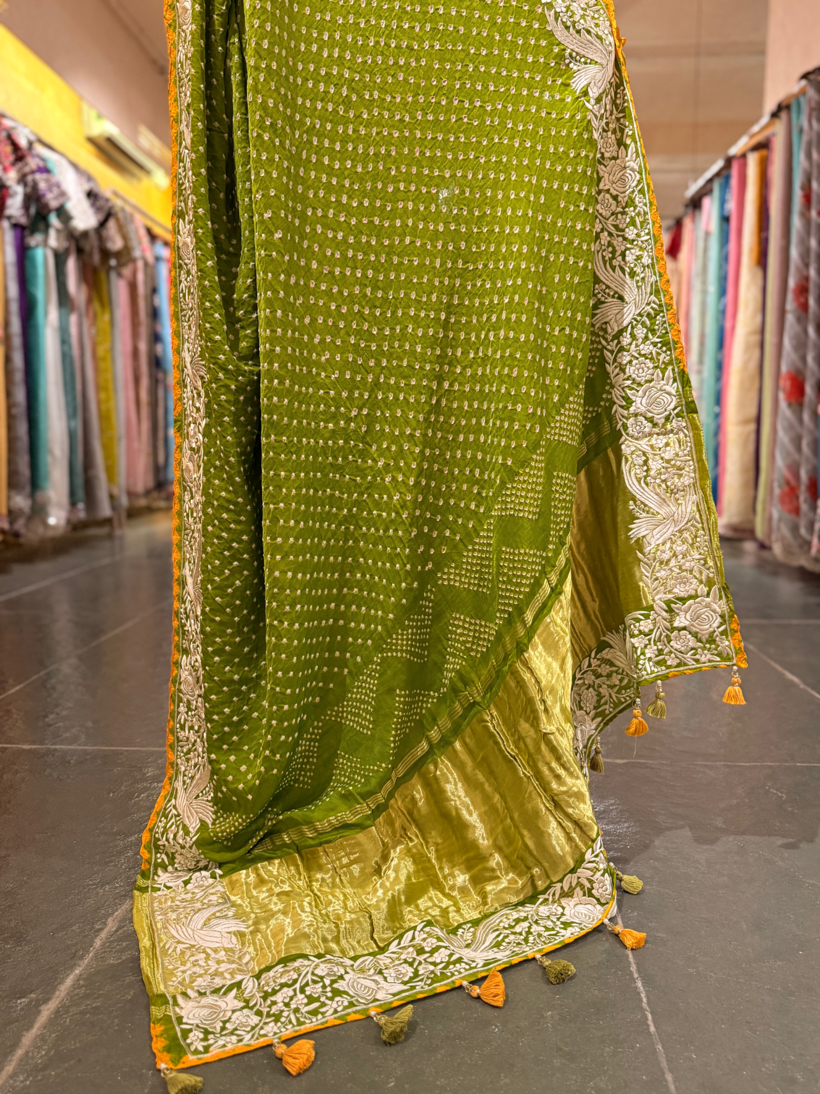 Moong Dal Green Pure Gajji Silk Kutch Bandhej Saree with Parsi Gara Embroidery