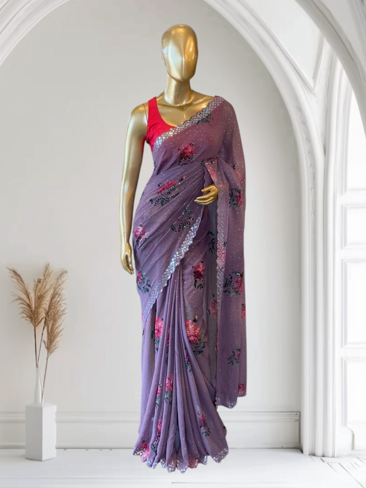 Dark Mauve Gorgette Printed Saree with sequnce border