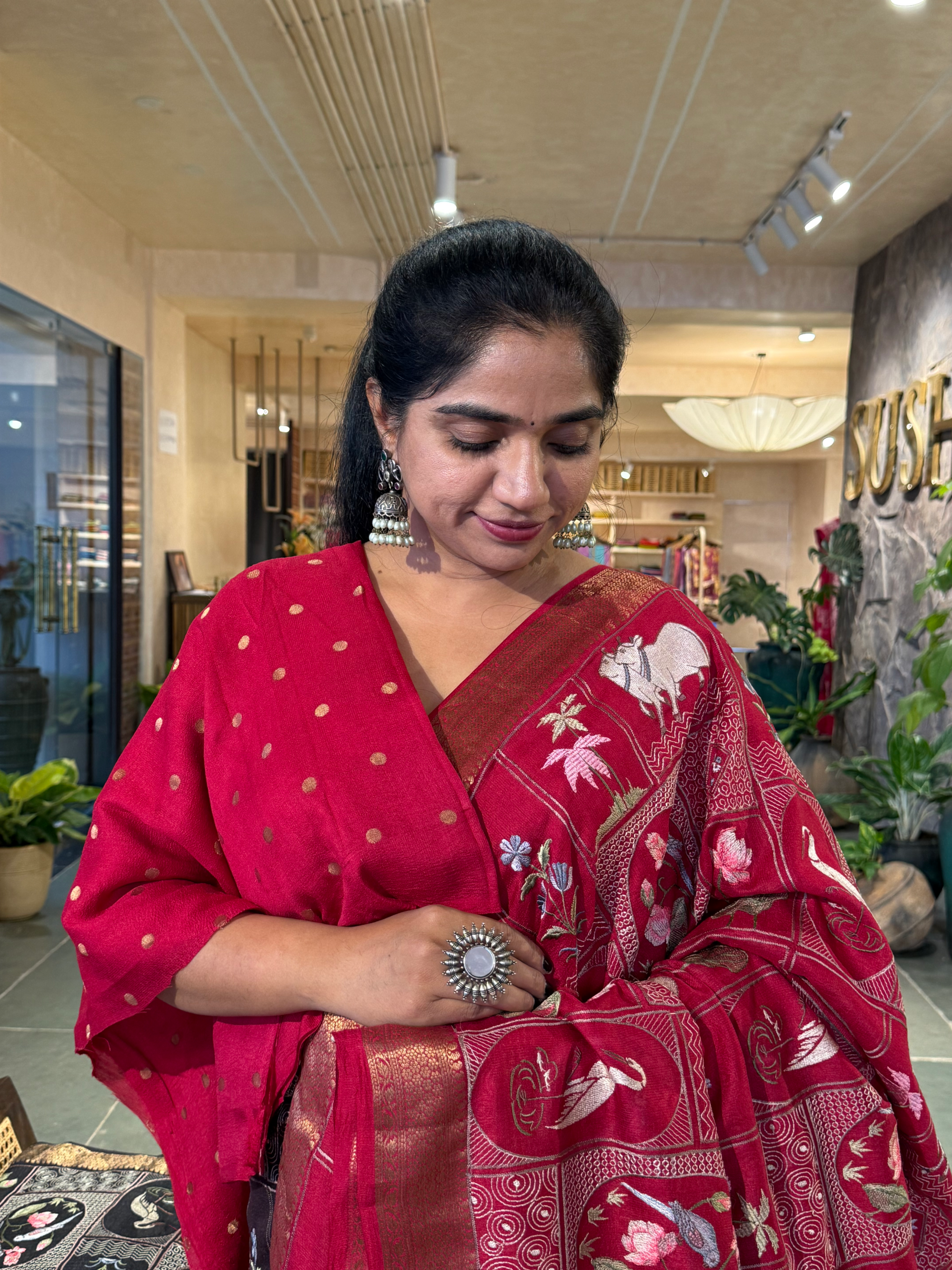 SMSEA108  Ruby Pink Pure Handloom Munga Silk Saree with Pichwai Embroidery