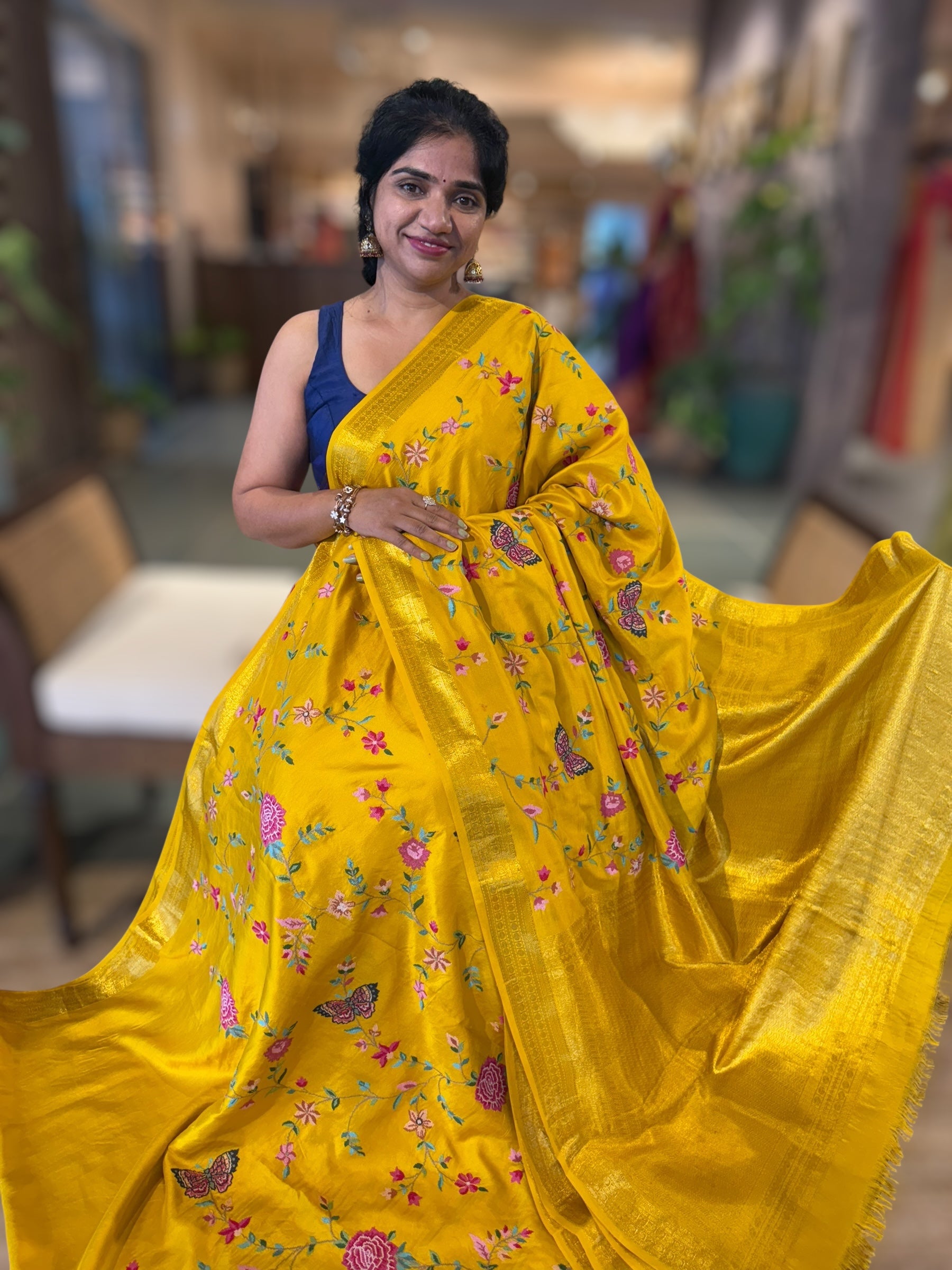 Yellow Kanchi soft Silk Saree With Allover Petite Point Embroidery