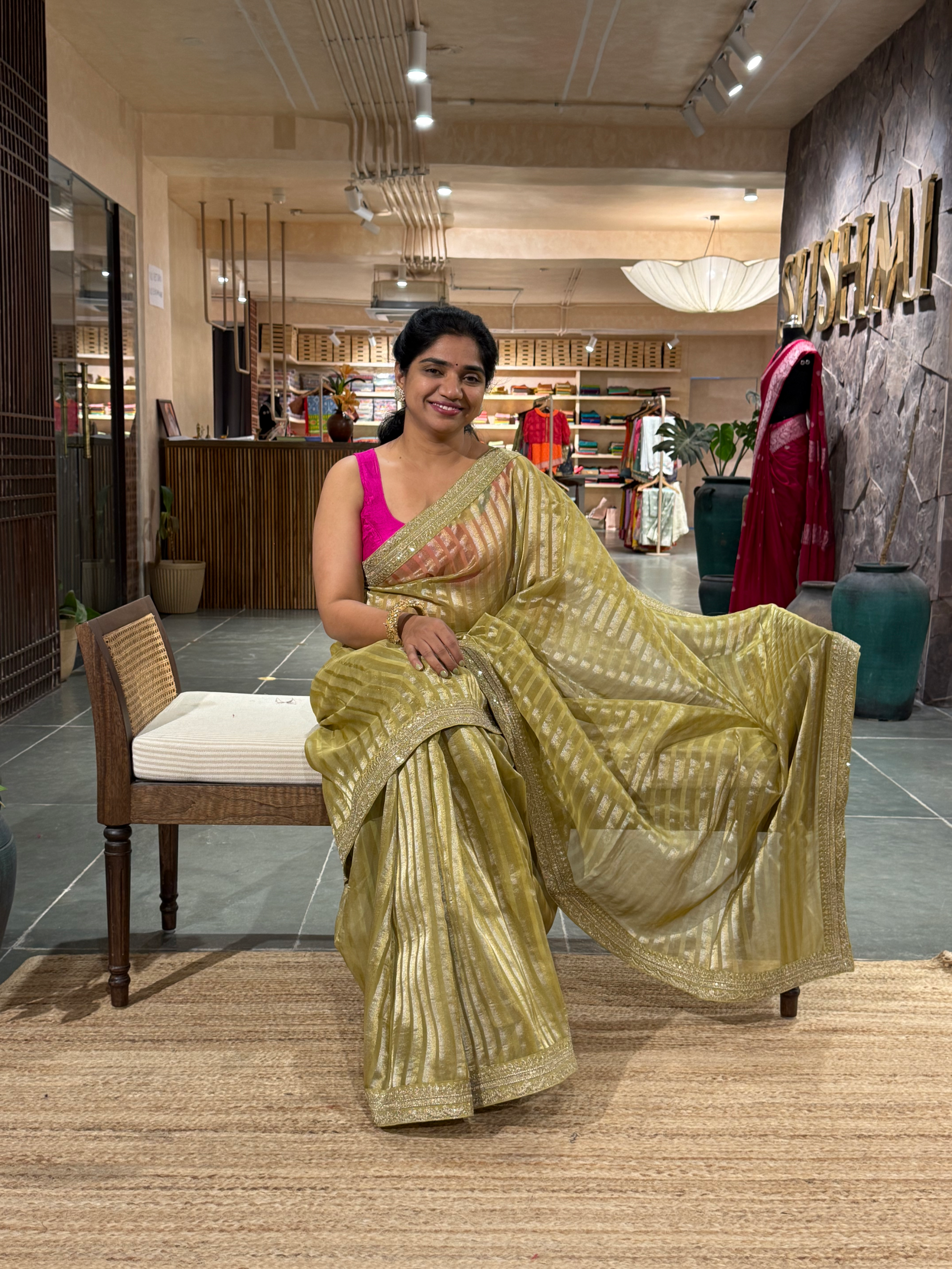 SKTSA601 : Pista Kora Tissue Stripes Saree wth Sabhyasachi borders & Blouse